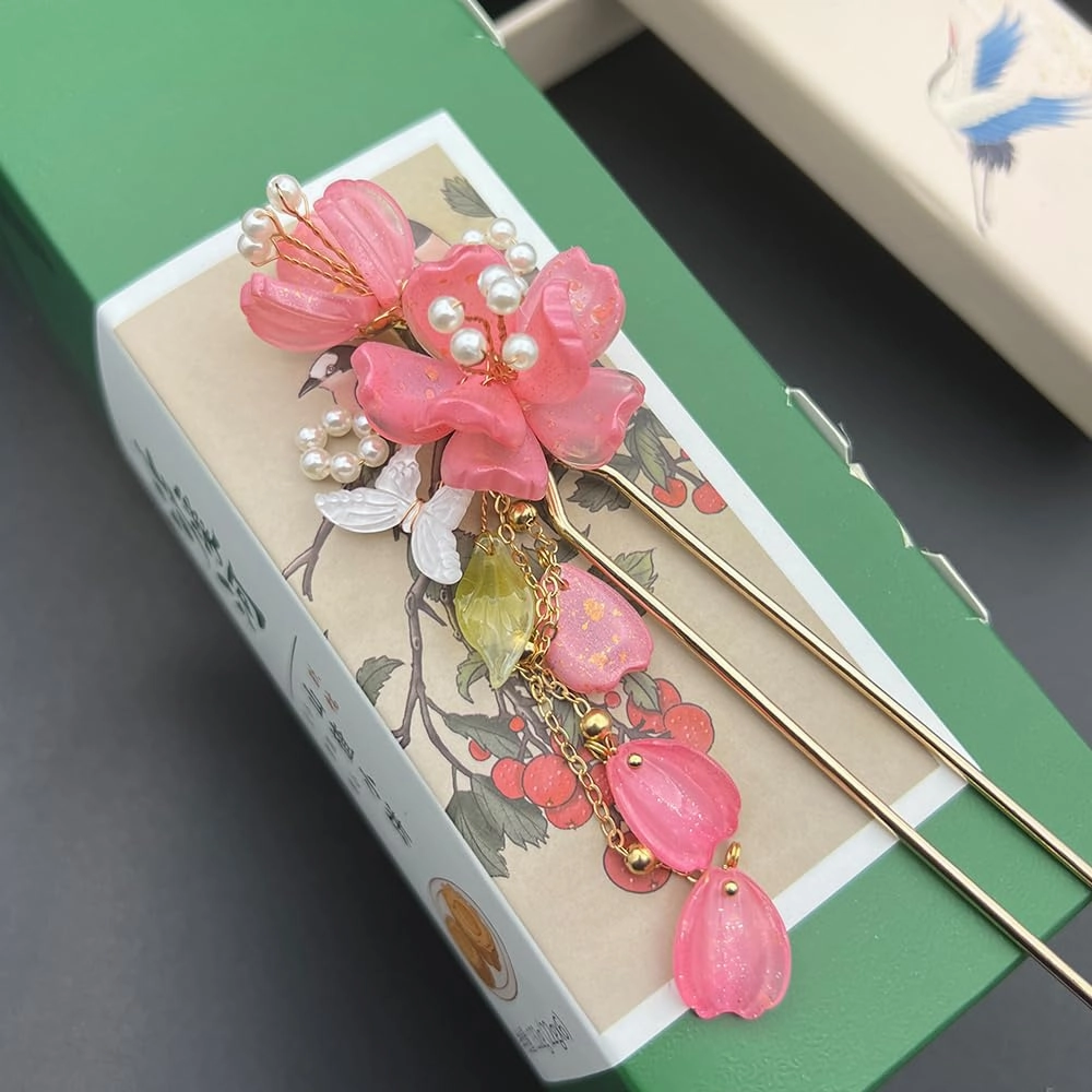 Pink Hydrangea with Pearl Tassels Chinese Hanfu Hair Clip Hair Accessories for Women Girls Long Hair (Hydrangea)