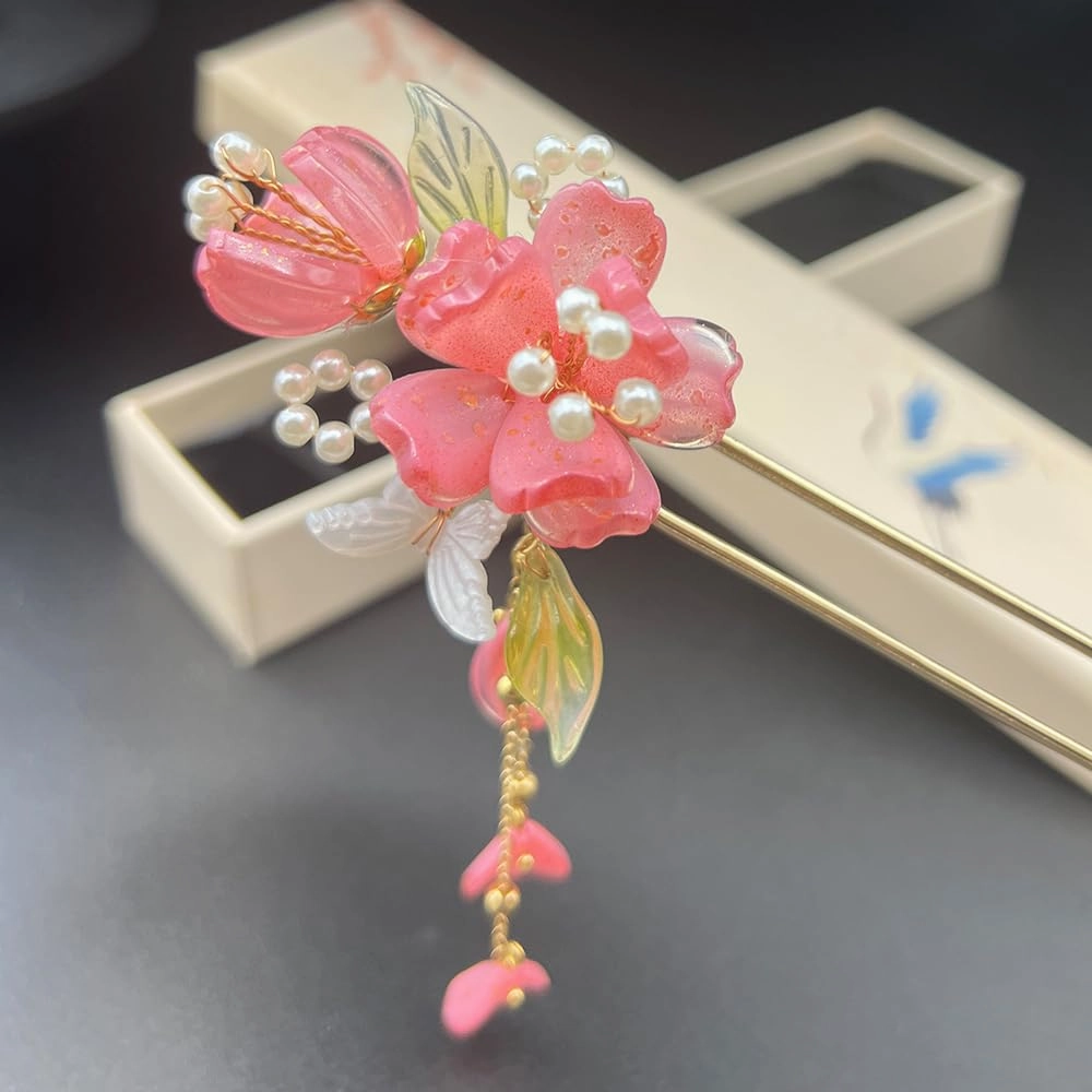 Pink Hydrangea with Pearl Tassels Chinese Hanfu Hair Clip Hair Accessories for Women Girls Long Hair (Hydrangea)