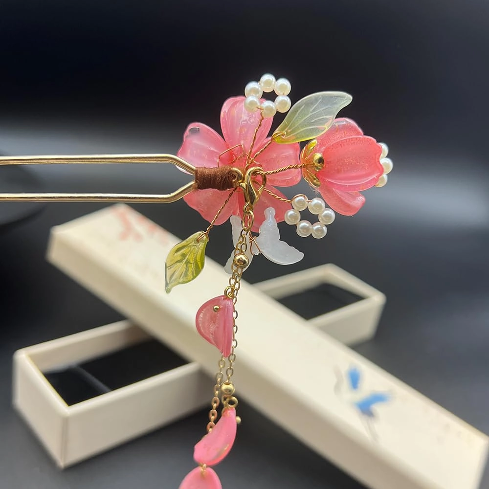 Pink Hydrangea with Pearl Tassels Chinese Hanfu Hair Clip Hair Accessories for Women Girls Long Hair (Hydrangea)