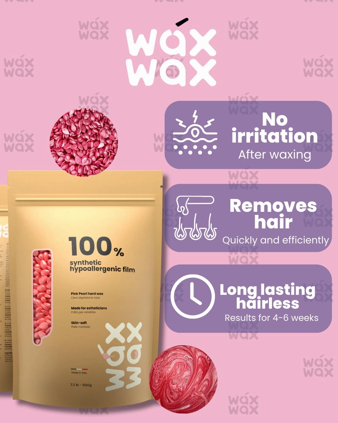 Pink Pearl Hard Wax Beads | Brazilian & Bikini Wax for Ultra Sensitive Skin | Rosin-Free, Hypoallergenic, Strip-Free, Low Melting, Cruelty-Free, Eco-Friendly Waxing Beads | Made In Italy-1.1lb