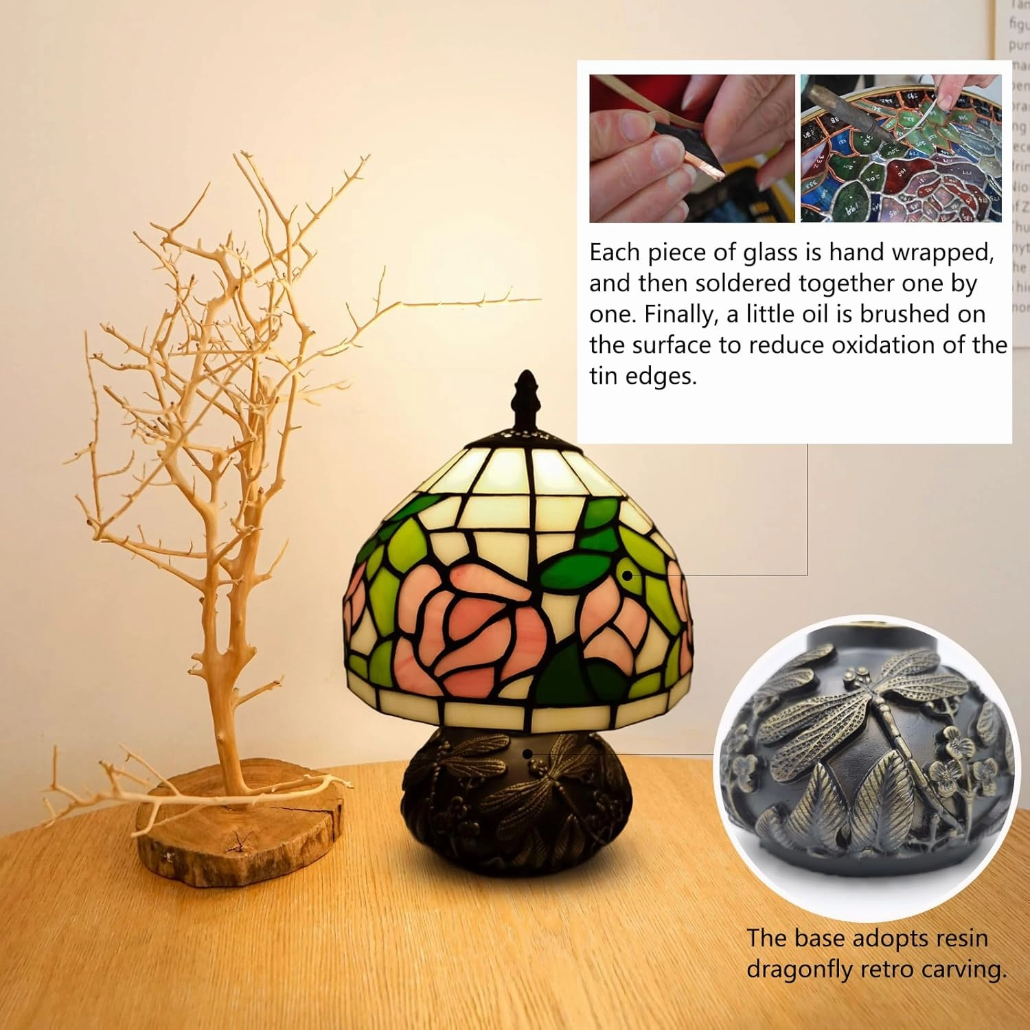 Pink Rose Tiffany Lamp, 8 Inch Small Stained Glass Lamp, 3 Color Temperatures Dimmable E26 LED, Mushroom Style Decorate Bedside, Bedroom