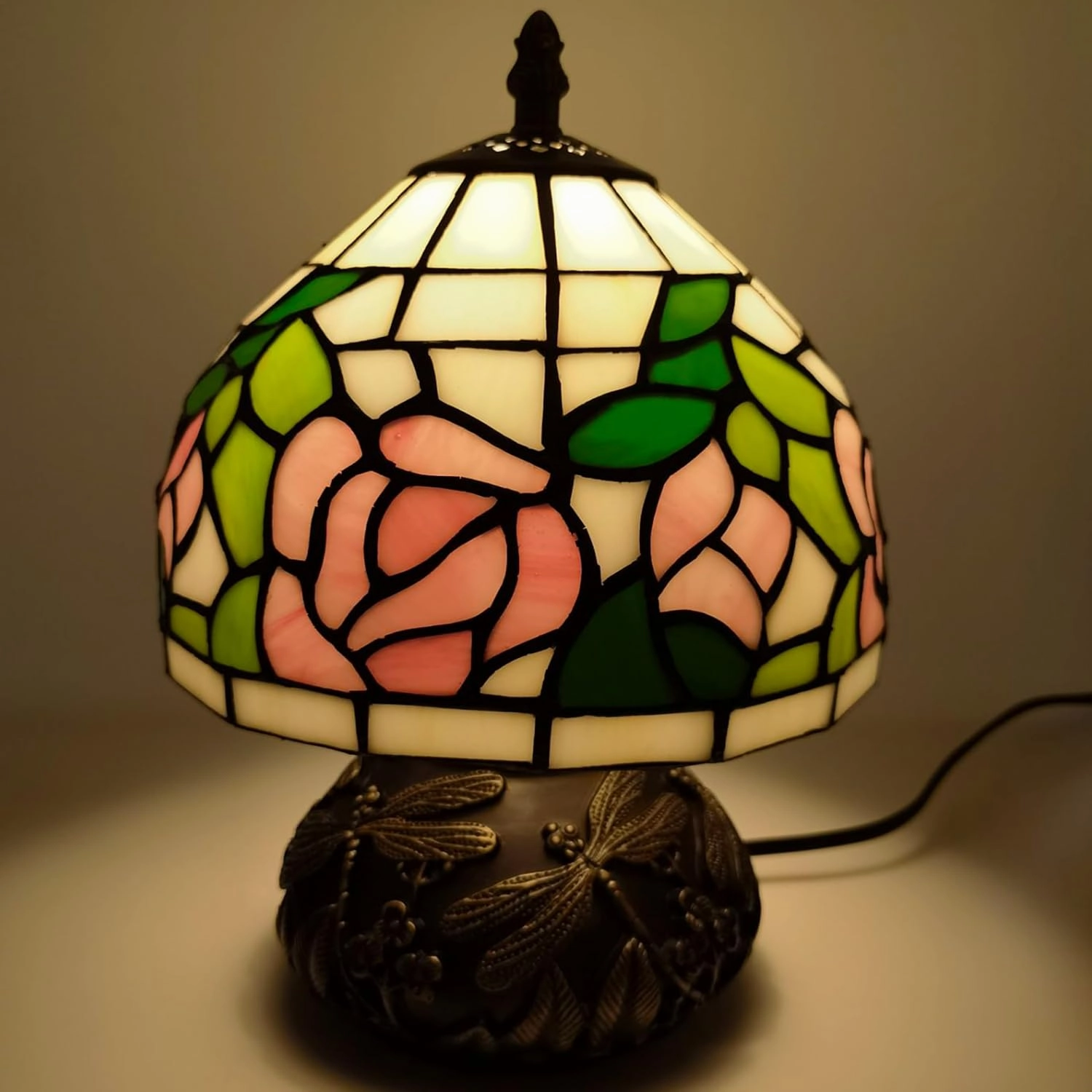 Pink Rose Tiffany Lamp, 8 Inch Small Stained Glass Lamp, 3 Color Temperatures Dimmable E26 LED, Mushroom Style Decorate Bedside, Bedroom