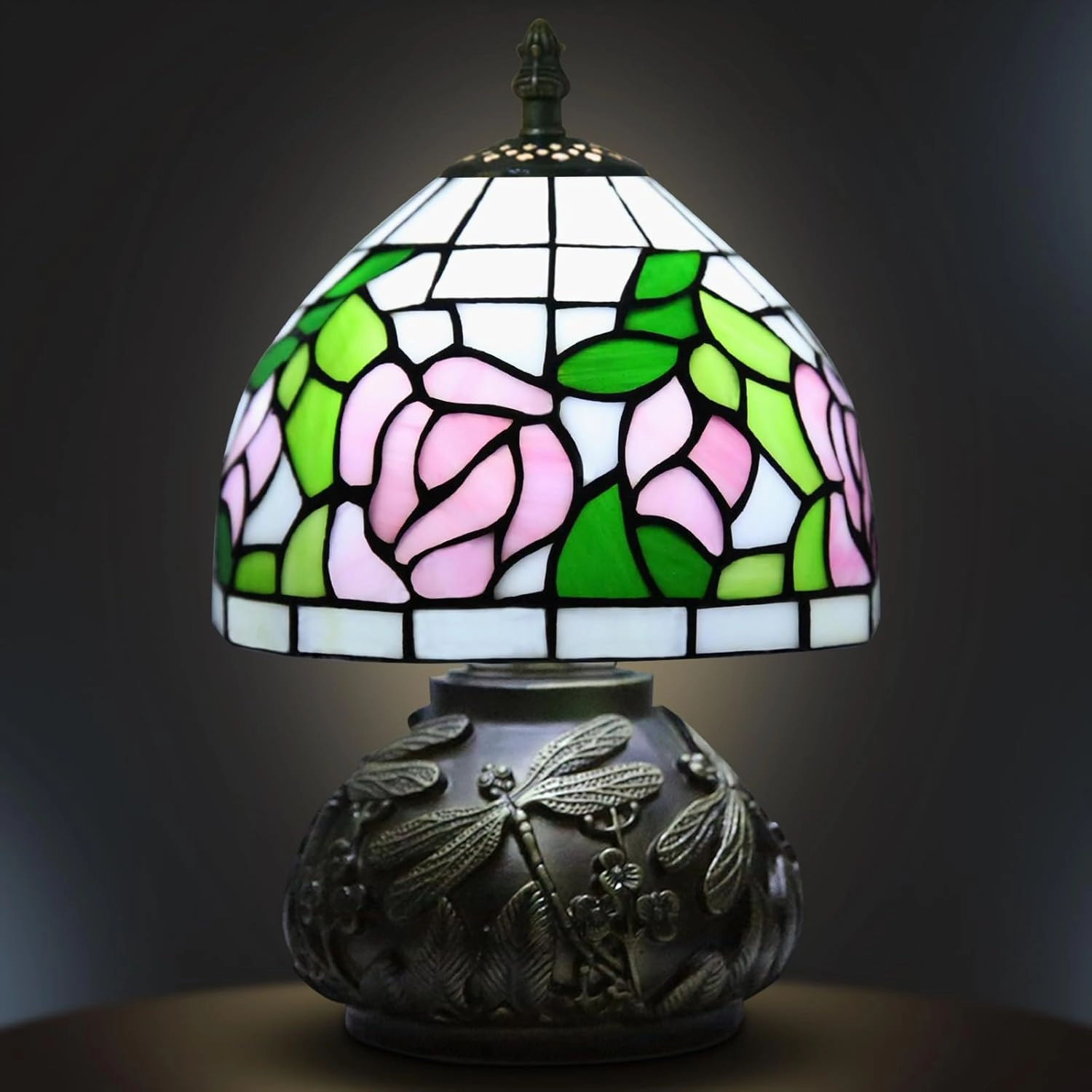 Pink Rose Tiffany Lamp, 8 Inch Small Stained Glass Lamp, 3 Color Temperatures Dimmable E26 LED, Mushroom Style Decorate Bedside, Bedroom