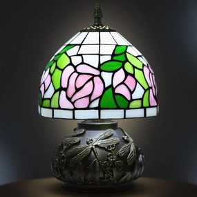 Pink Rose Tiffany Lamp, 8 Inch Small Stained Glass Lamp, 3 Color Temperatures Dimmable E26 LED, Mushroom Style Decorate Bedside, Bedroom