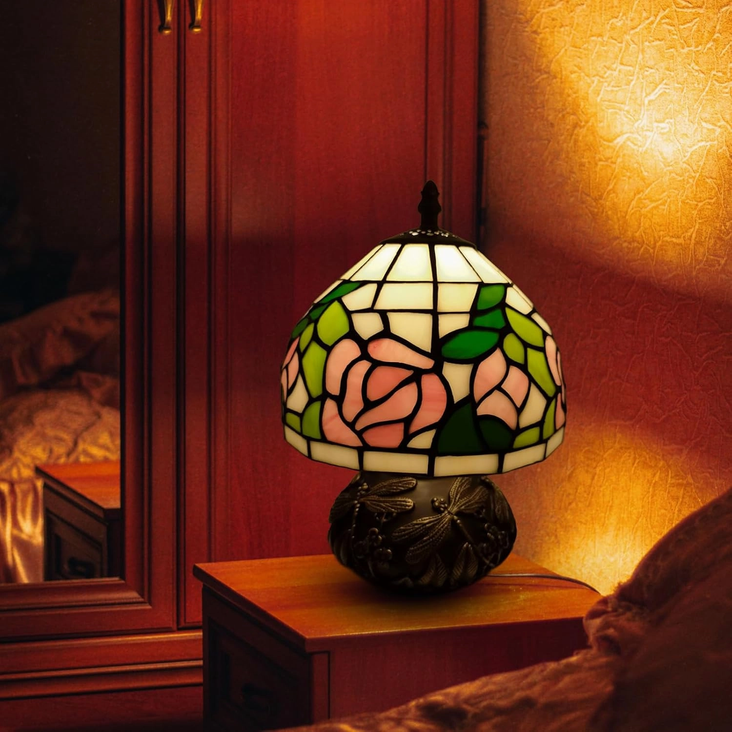 Pink Rose Tiffany Lamp, 8 Inch Small Stained Glass Lamp, 3 Color Temperatures Dimmable E26 LED, Mushroom Style Decorate Bedside, Bedroom