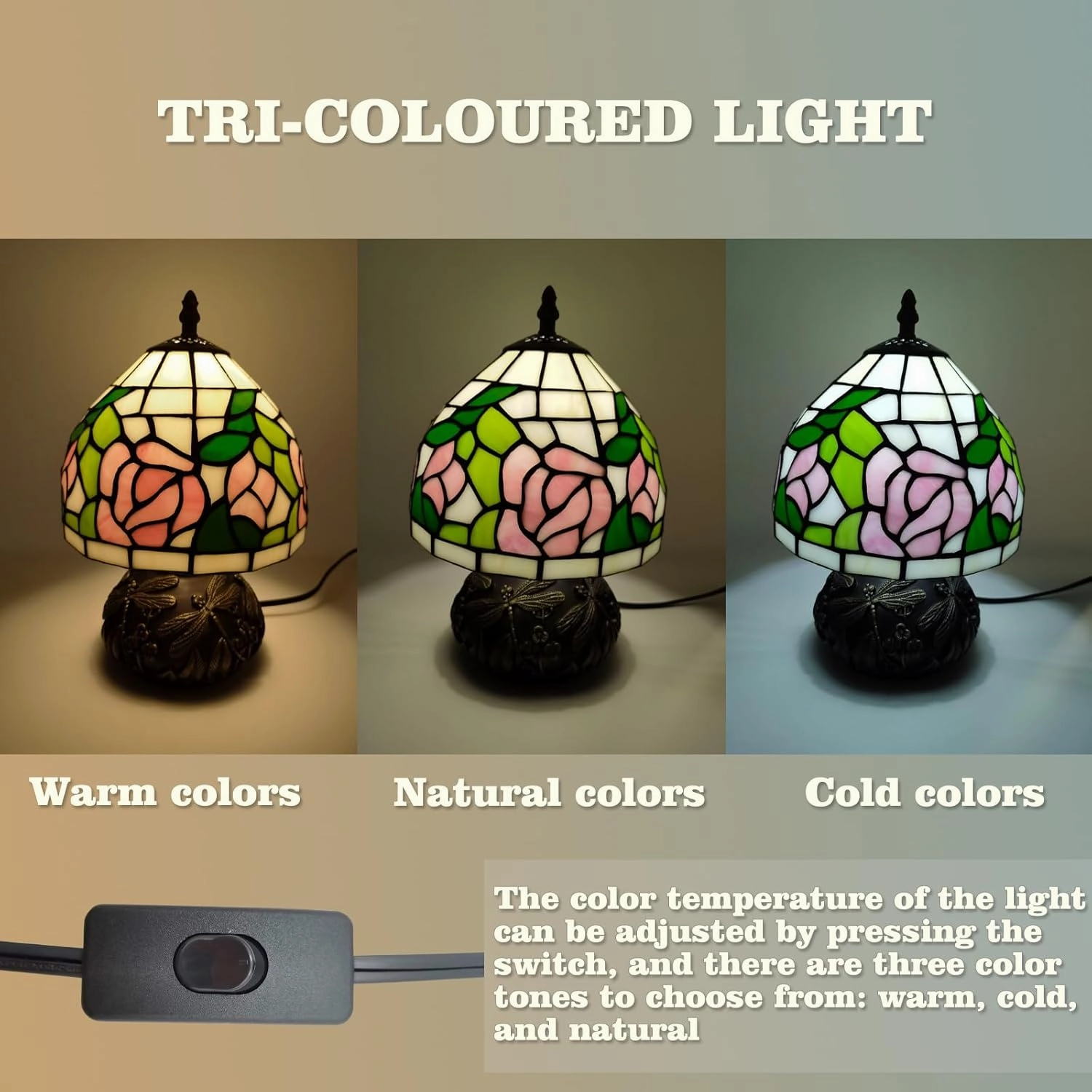 Pink Rose Tiffany Lamp, 8 Inch Small Stained Glass Lamp, 3 Color Temperatures Dimmable E26 LED, Mushroom Style Decorate Bedside, Bedroom
