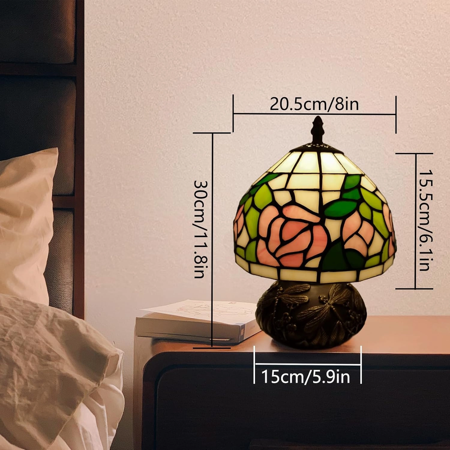 Pink Rose Tiffany Lamp, 8 Inch Small Stained Glass Lamp, 3 Color Temperatures Dimmable E26 LED, Mushroom Style Decorate Bedside, Bedroom