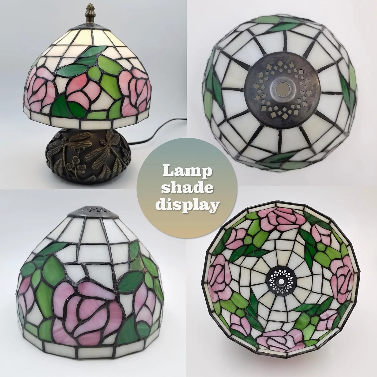 Pink Rose Tiffany Lamp, 8 Inch Small Stained Glass Lamp, 3 Color Temperatures Dimmable E26 LED, Mushroom Style Decorate Bedside, Bedroom