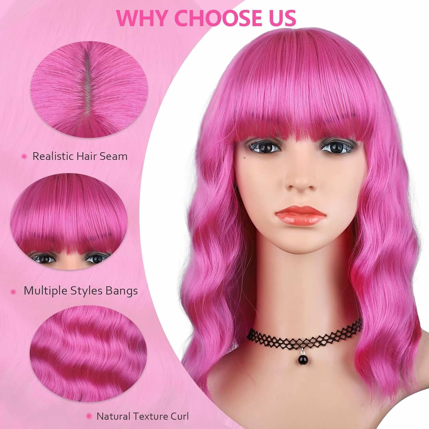Pink Wig with Bangs for Women, Short Wavy Curly Bob Wig Hot Pink Wigs 14 Inch Shoulder Length Colored Wig Party Cosplay Halloween Wigs