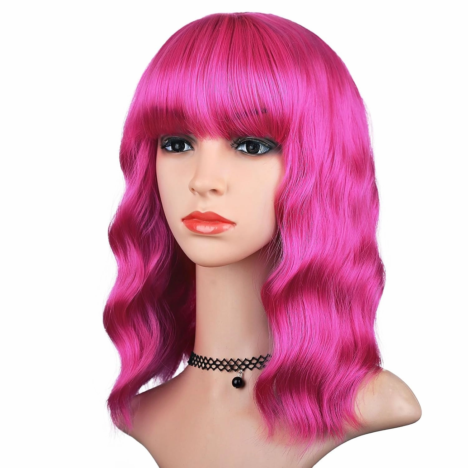 Pink Wig with Bangs for Women, Short Wavy Curly Bob Wig Hot Pink Wigs 14 Inch Shoulder Length Colored Wig Party Cosplay Halloween Wigs