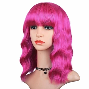 Pink Wig with Bangs for Women, Short Wavy Curly Bob Wig Hot Pink Wigs 14 Inch Shoulder Length Colored Wig Party Cosplay Halloween Wigs