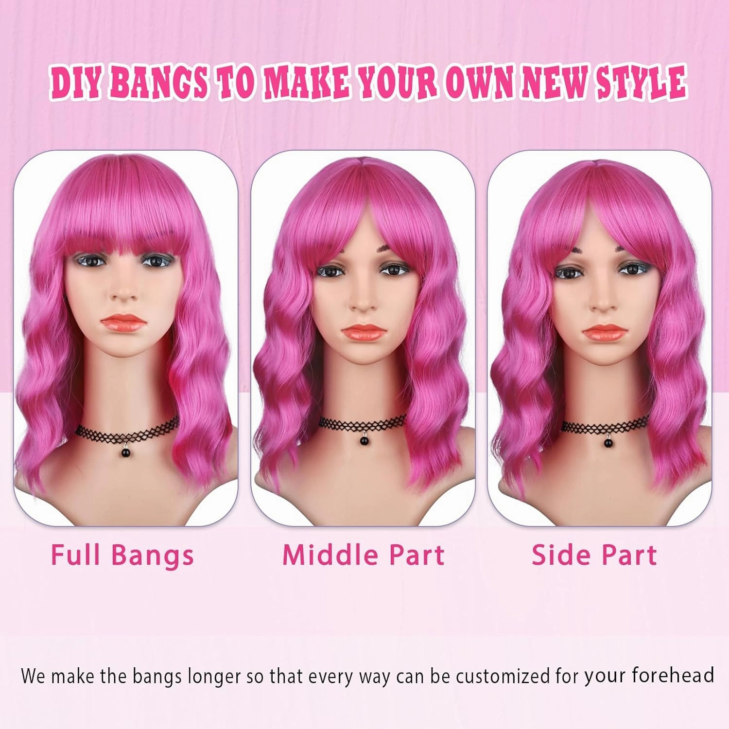 Pink Wig with Bangs for Women, Short Wavy Curly Bob Wig Hot Pink Wigs 14 Inch Shoulder Length Colored Wig Party Cosplay Halloween Wigs
