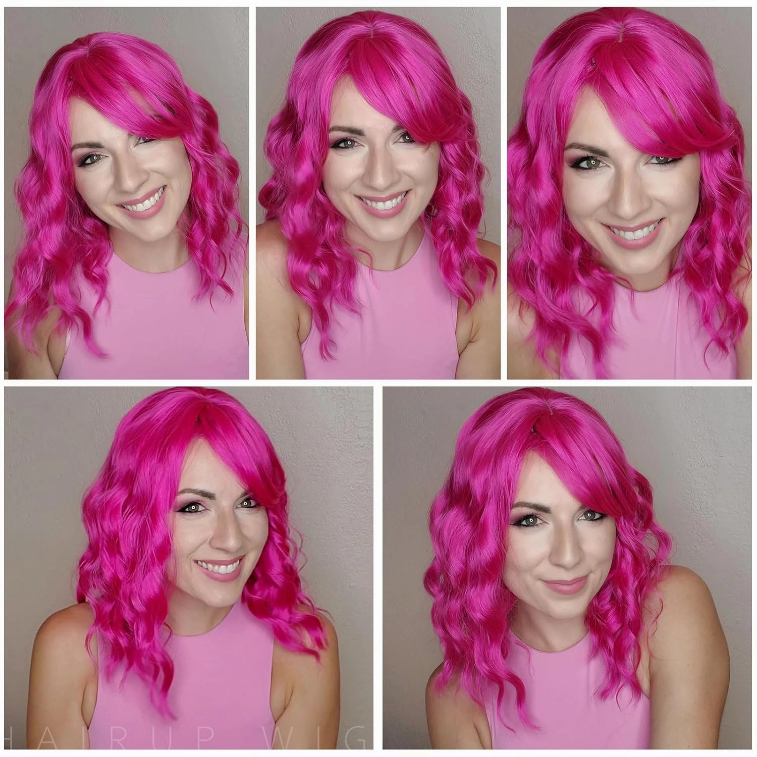 Pink Wig with Bangs for Women, Short Wavy Curly Bob Wig Hot Pink Wigs 14 Inch Shoulder Length Colored Wig Party Cosplay Halloween Wigs