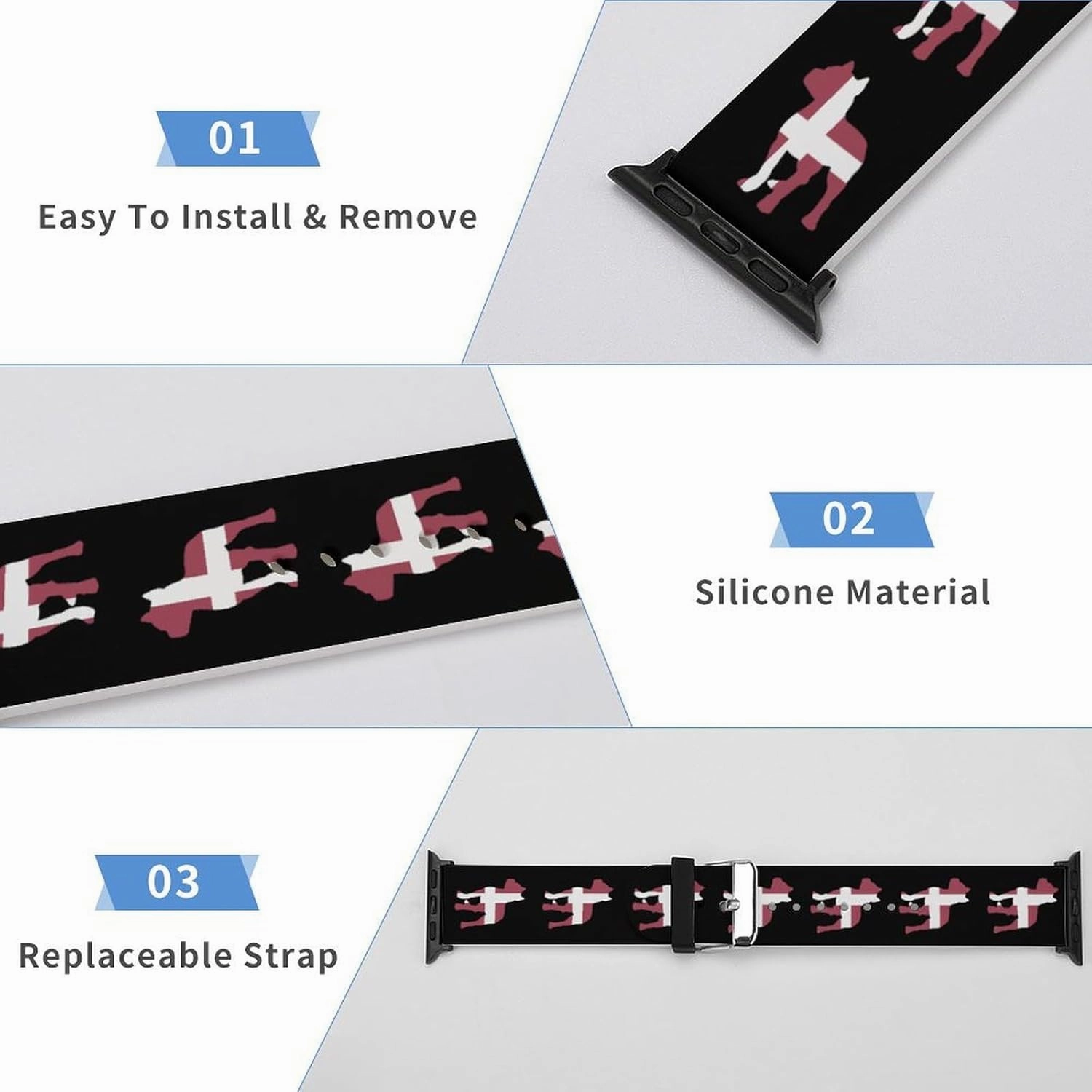 Pitbull Denmark Flag Adjustable Silicone Watchband Compatible with IWatch Classic Soft Sports Watch Strap for Men Women