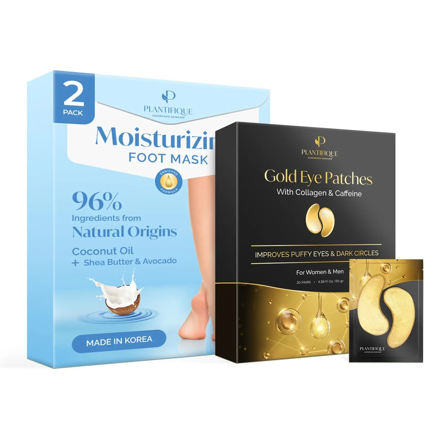 PLANTIFIQUE Gold Under Eye Patches for Puffy Eyes and Dark Circles 20 Pairs and Korean Foot Mask Moisturizing 2 Pairs Box for Dry & Cracked Feet - Hydrating Socks for Soft Heels