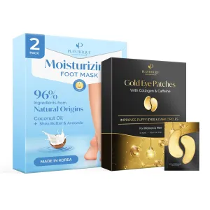 PLANTIFIQUE Gold Under Eye Patches for Puffy Eyes and Dark Circles 20 Pairs and Korean Foot Mask Moisturizing 2 Pairs Box for Dry & Cracked Feet - Hydrating Socks for Soft Heels