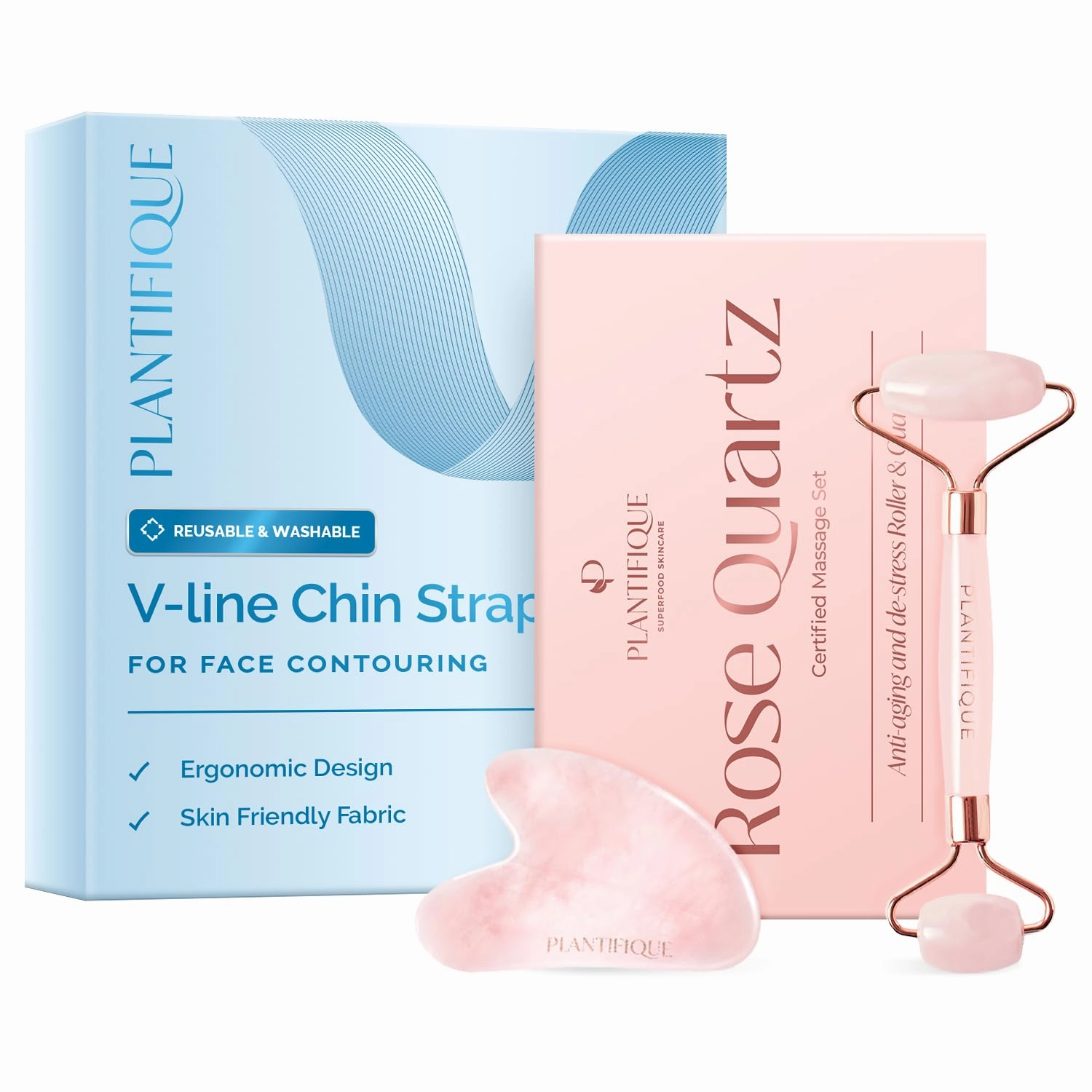 PLANTIFIQUE Chin Strap for Face Contouring and Face Roller and Gua Sha Rose Quartz Certified