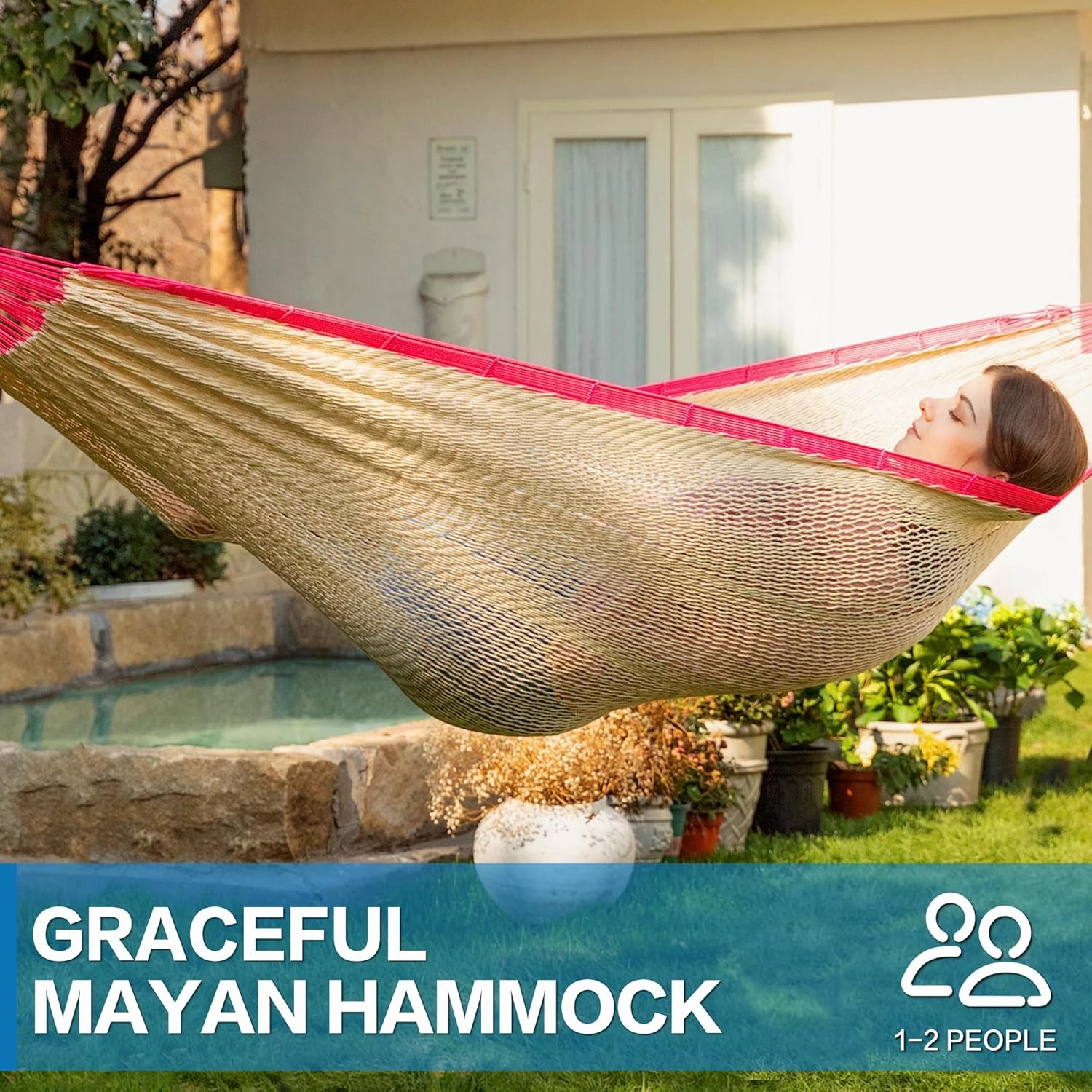 PNAEUT Mayan Hammock, Handwoven XL Thick Soft Rope Hammocks for Outdoor Indoor, Max 600 lbs Capacity, Tree Straps & Carabiners Included (Rambler Rose)