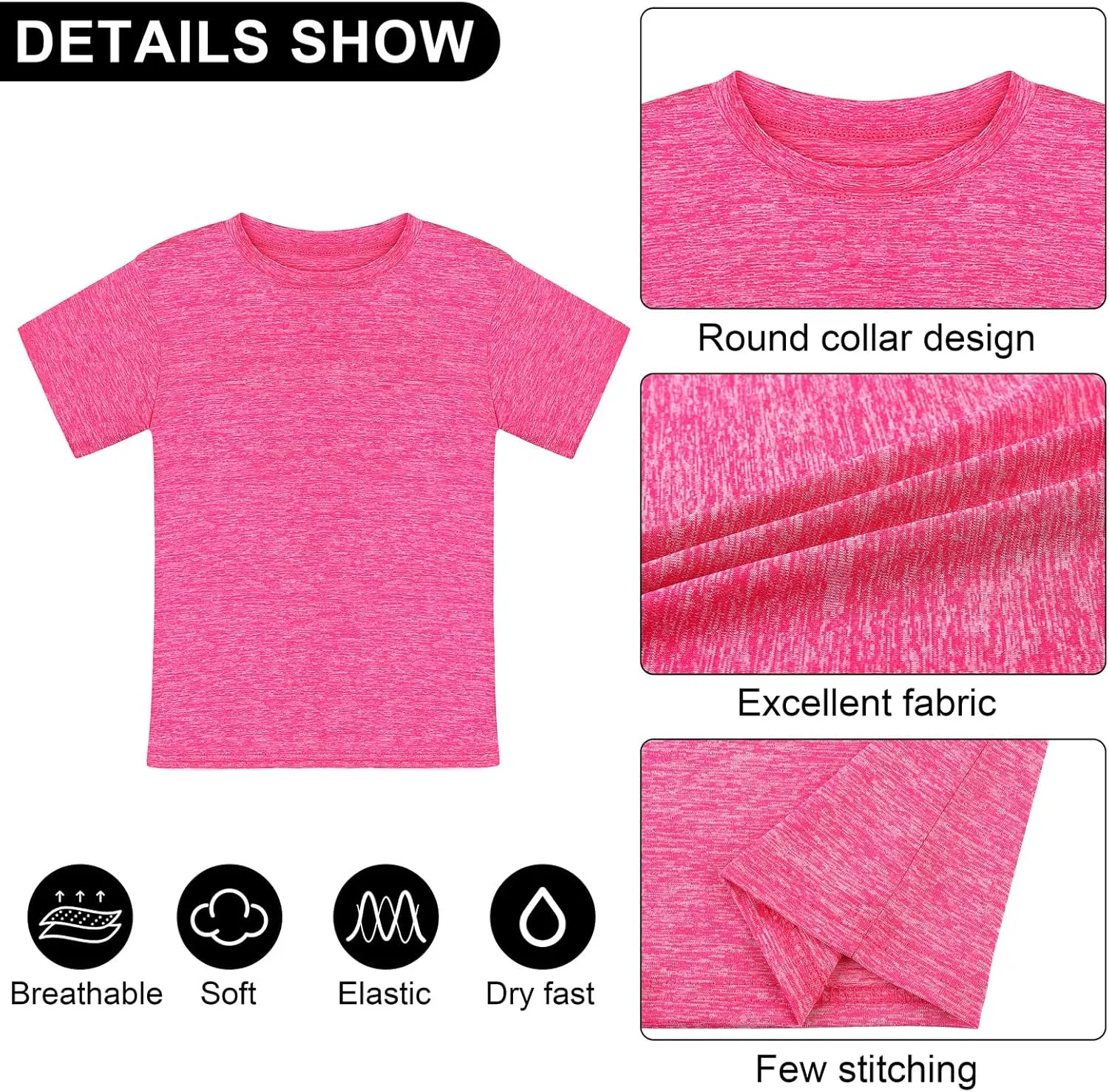 Poroka 6 Pack Girls Athletic Shirts Short Sleeve T-Shirts Crew Neck Dry-Fit Shirts Activewear Tees Tops Casual Shirt
