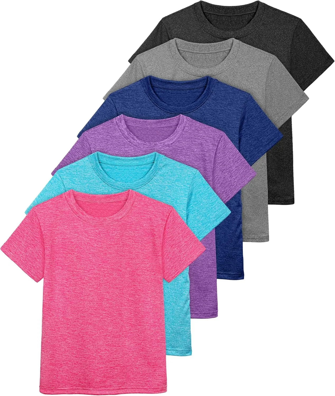Poroka 6 Pack Girls Athletic Shirts Short Sleeve T-Shirts Crew Neck Dry-Fit Shirts Activewear Tees Tops Casual Shirt