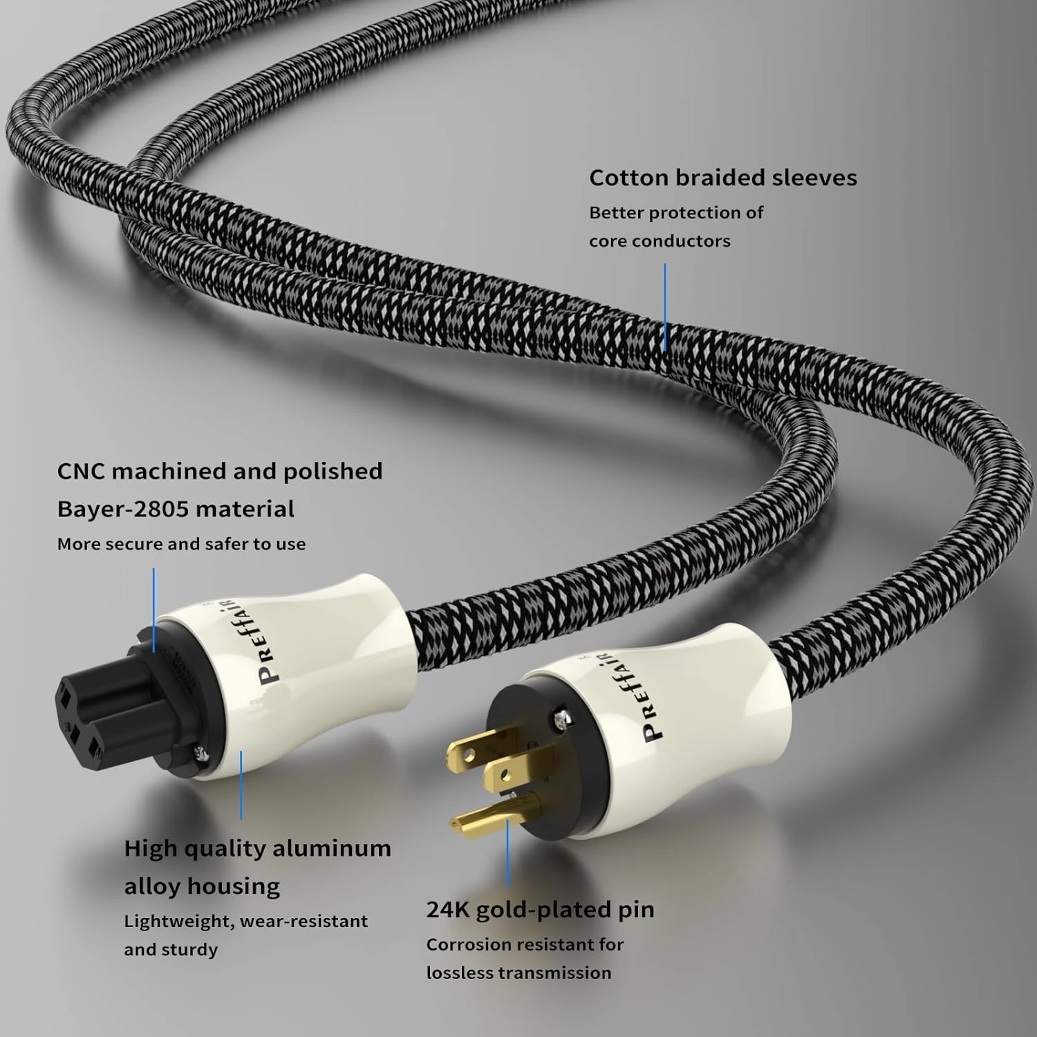 Preffair HiFi OFC Shielded Power Cord, 10 Guage AC Main Supply Cable with Gold Plated US-C15 Connectors, 125V/15A for Speaker, Subwoofer, Turntable, AMP, DAC. (Gold Plated 10AWG, 1.0M / 3.3 Feet)