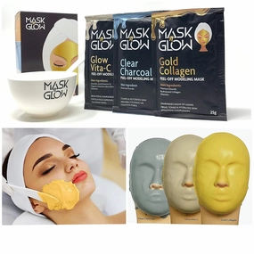 Premium Modeling Peel-Off Mask"Rubber Mask" Spa Set- 3 Treatments (Gold Collagen, Glow Vita C, Clear Charcoal)   Bowl and Spatula, Made In Korea (3 Pack, Spa Set) (3 Pack)