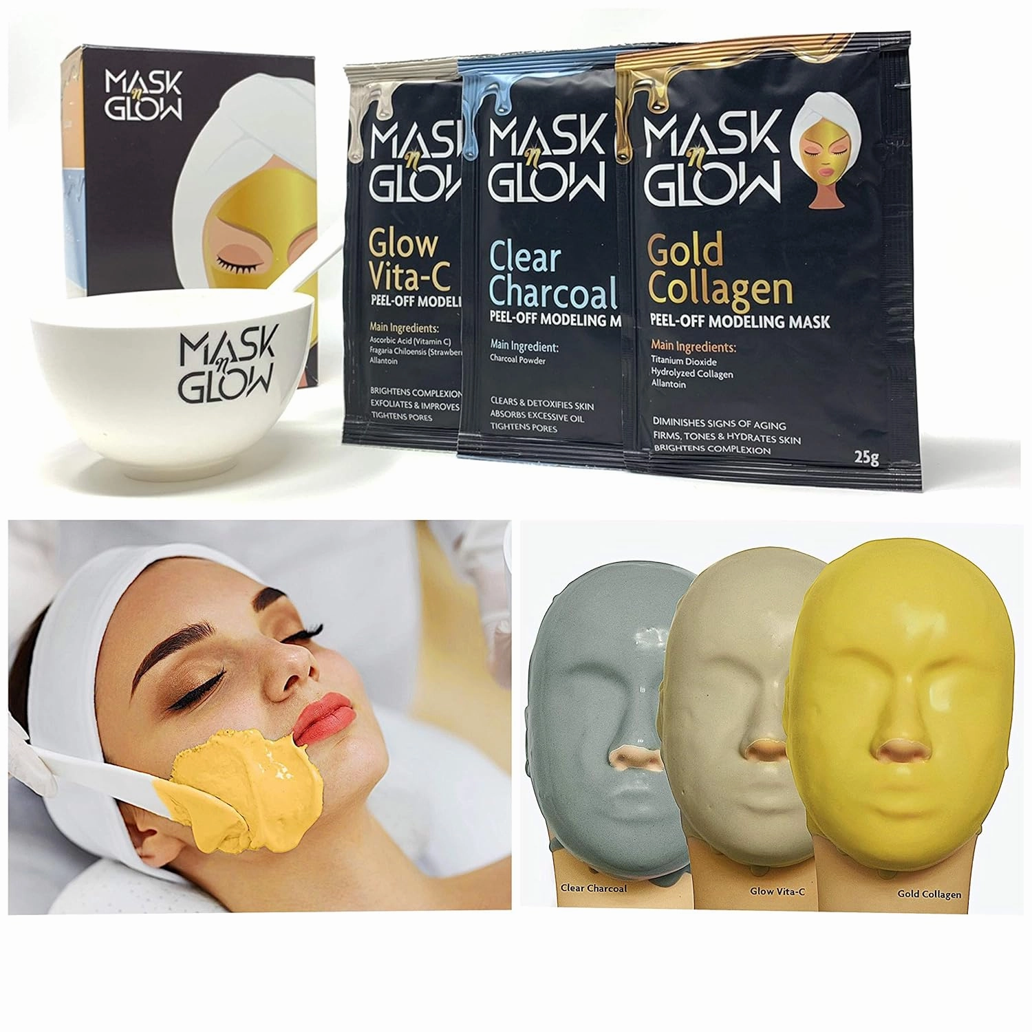 Premium Modeling Peel-Off Mask"Rubber Mask" Spa Set- 3 Treatments (Gold Collagen, Glow Vita C, Clear Charcoal)   Bowl and Spatula, Made In Korea (3 Pack, Spa Set) (3 Pack)