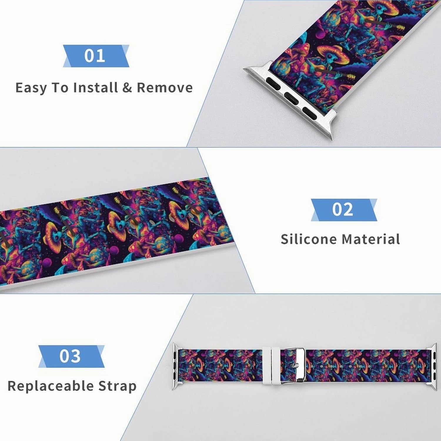 Psychedelics Aliens Guitar Player Adjustable Silicone Watchband Compatible with IWatch Classic Soft Sports Watch Strap for Men Women