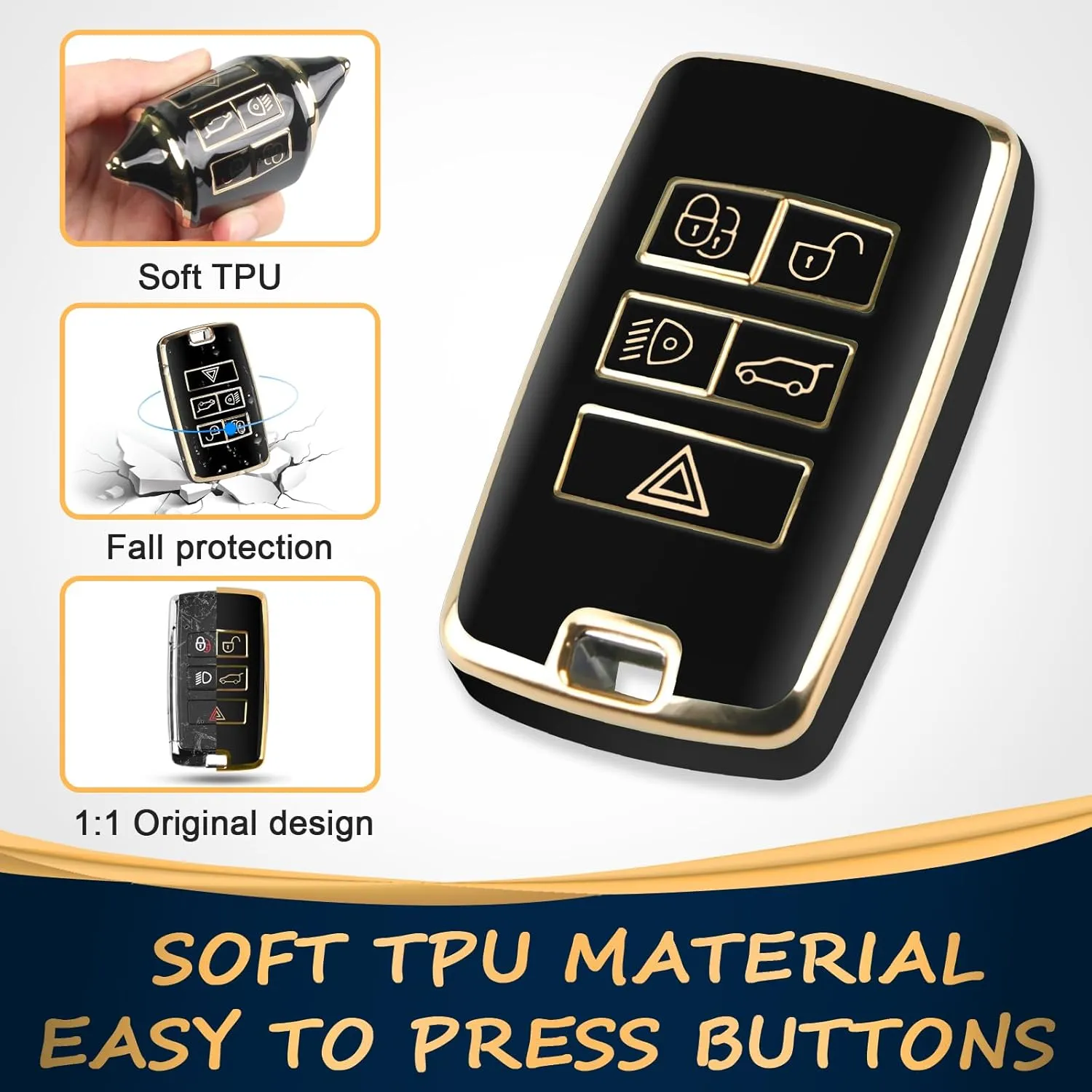 QBUC for Land Rover Key Fob Cover with KeyChain Soft TPU Gold Trim Key Case Full Protection Compatible with 2018-2023 Land Rover Range Rover Evoque Sport Vogue Discovery 5 Jaguar E I-PACE (Black)