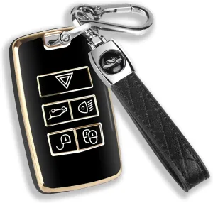 QBUC for Land Rover Key Fob Cover with KeyChain Soft TPU Gold Trim Key Case Full Protection Compatible with 2018-2023 Land Rover Range Rover Evoque Sport Vogue Discovery 5 Jaguar E I-PACE (Black)