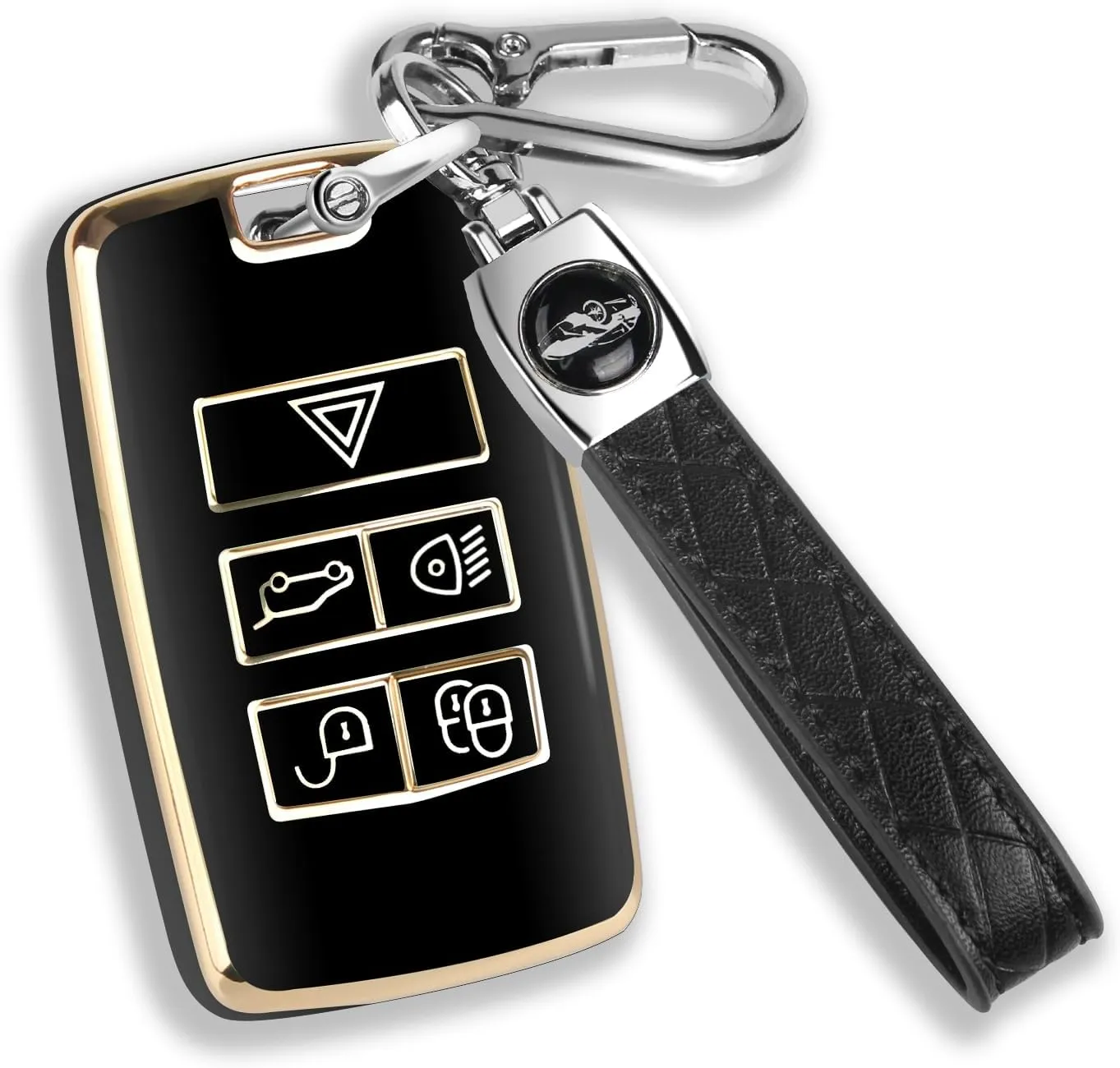 QBUC for Land Rover Key Fob Cover with KeyChain Soft TPU Gold Trim Key Case Full Protection Compatible with 2018-2023 Land Rover Range Rover Evoque Sport Vogue Discovery 5 Jaguar E I-PACE (Black)