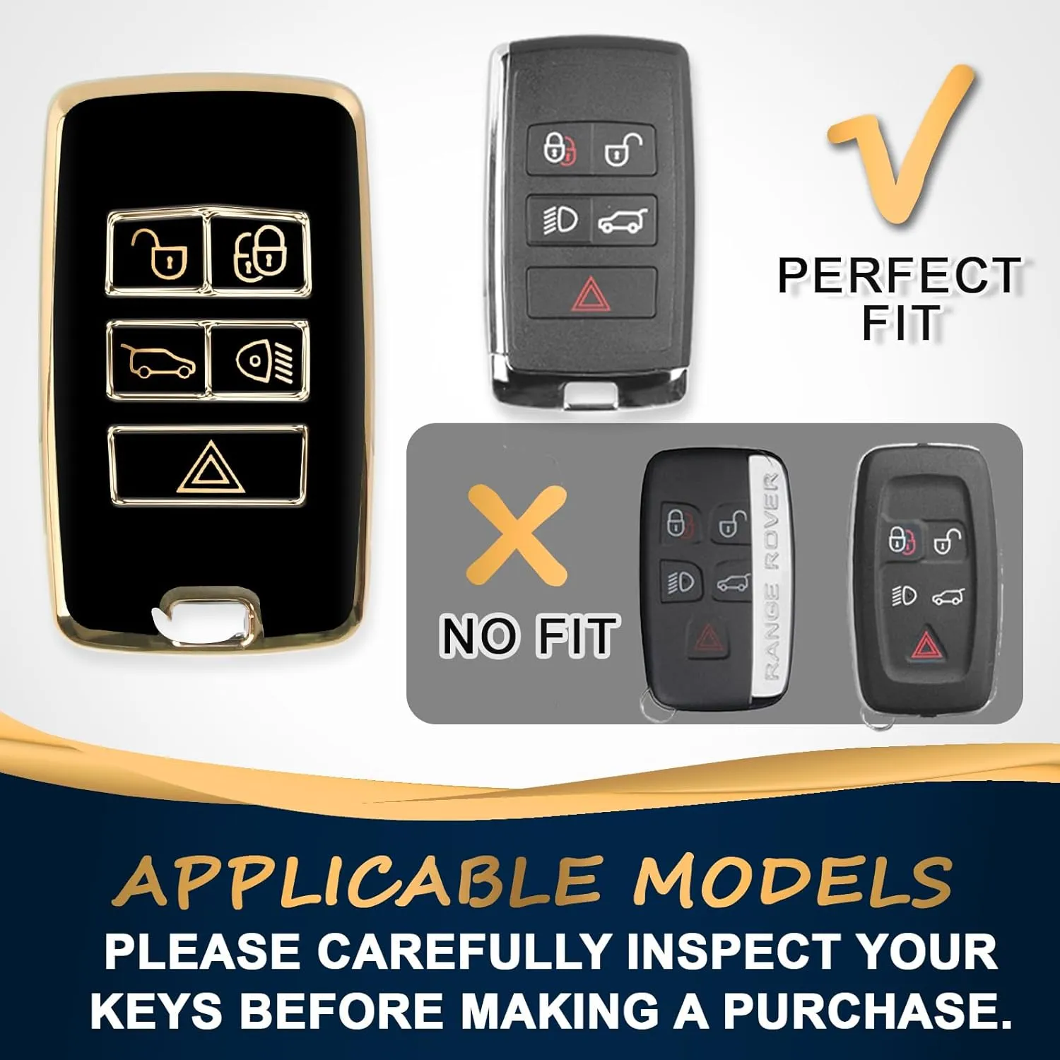 QBUC for Land Rover Key Fob Cover with KeyChain Soft TPU Gold Trim Key Case Full Protection Compatible with 2018-2023 Land Rover Range Rover Evoque Sport Vogue Discovery 5 Jaguar E I-PACE (Black)