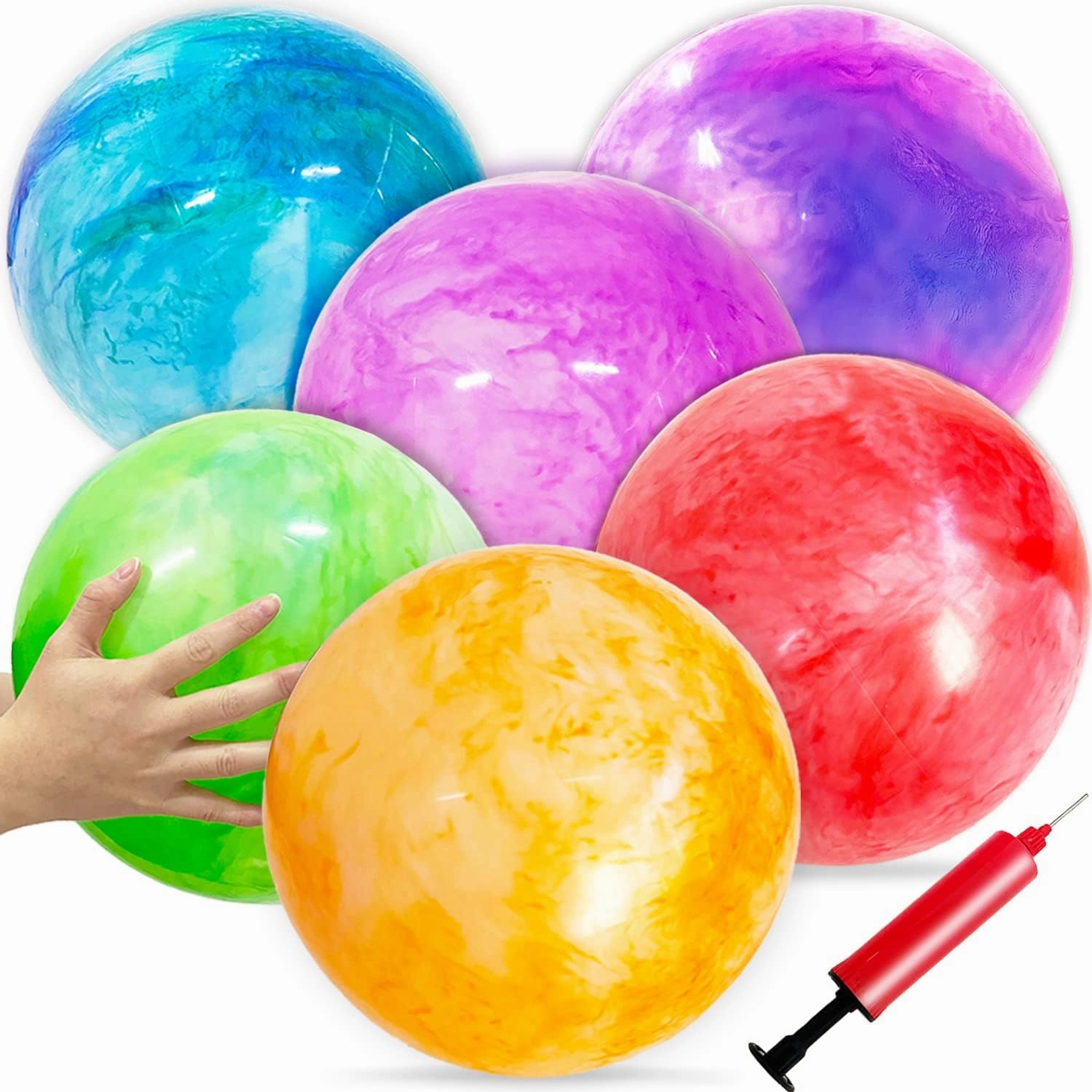 Qiuttnqn 6 PCS Fun Bouncy Balls,12 Inch Marbleized Bouncy Balls,Rubber Inflatable Kick Ball with Pump for Kids and Adults,Park,Beach,Playground,Indoor and Outdoor Games