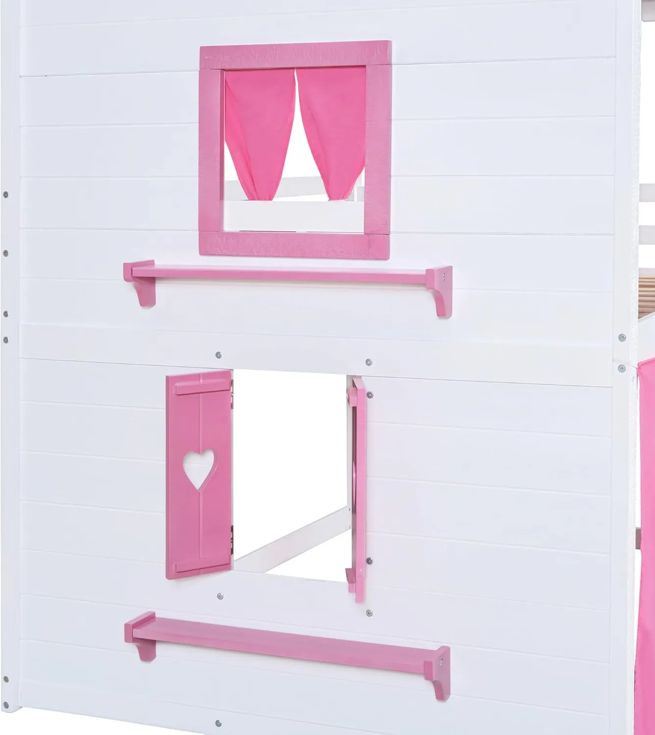 Quarte Twin Size Castle House Bunk Bed with Elegant Windows, Sills and Tent, Unique Wood Bunk Bed Perfect for Boys Girls (Pink White/b, Twin)