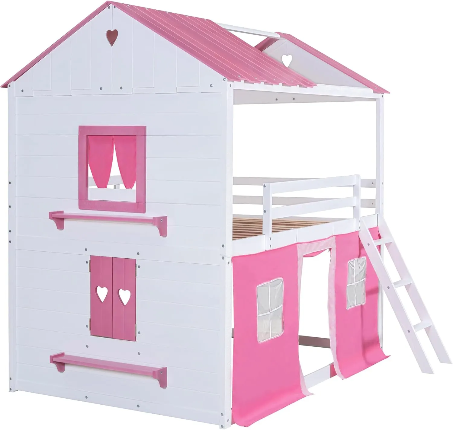 Quarte Twin Size Castle House Bunk Bed with Elegant Windows, Sills and Tent, Unique Wood Bunk Bed Perfect for Boys Girls (Pink White/b, Twin)