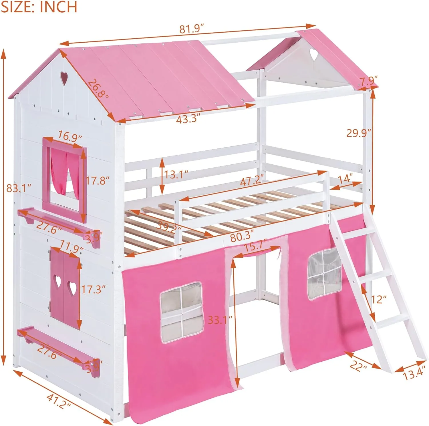 Quarte Twin Size Castle House Bunk Bed with Elegant Windows, Sills and Tent, Unique Wood Bunk Bed Perfect for Boys Girls (Pink White/b, Twin)