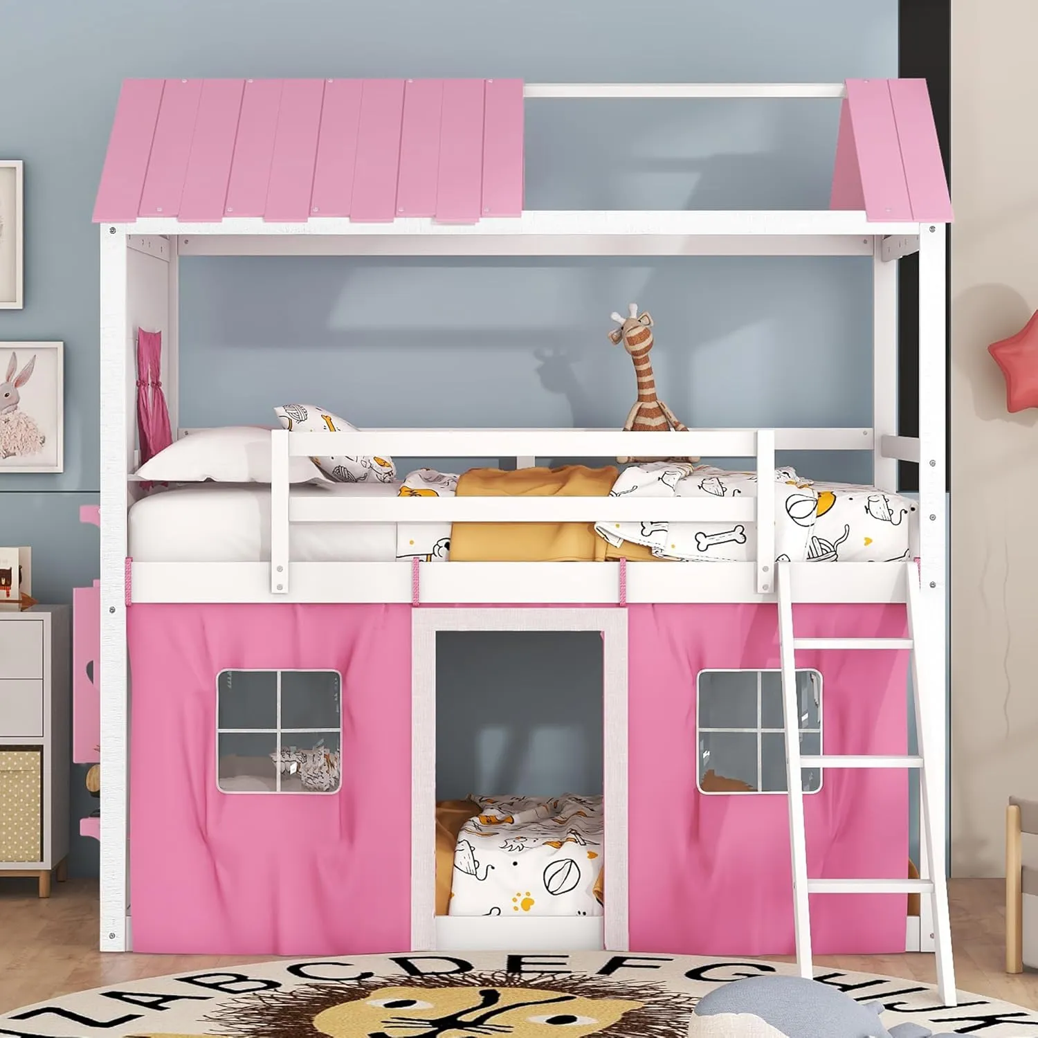Quarte Twin Size Castle House Bunk Bed with Elegant Windows, Sills and Tent, Unique Wood Bunk Bed Perfect for Boys Girls (Pink White/b, Twin)