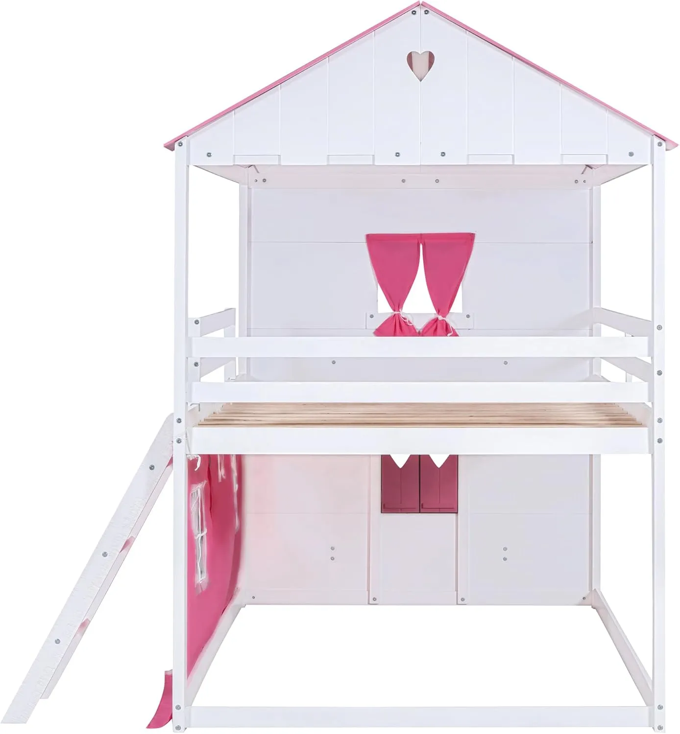 Quarte Twin Size Castle House Bunk Bed with Elegant Windows, Sills and Tent, Unique Wood Bunk Bed Perfect for Boys Girls (Pink White/b, Twin)