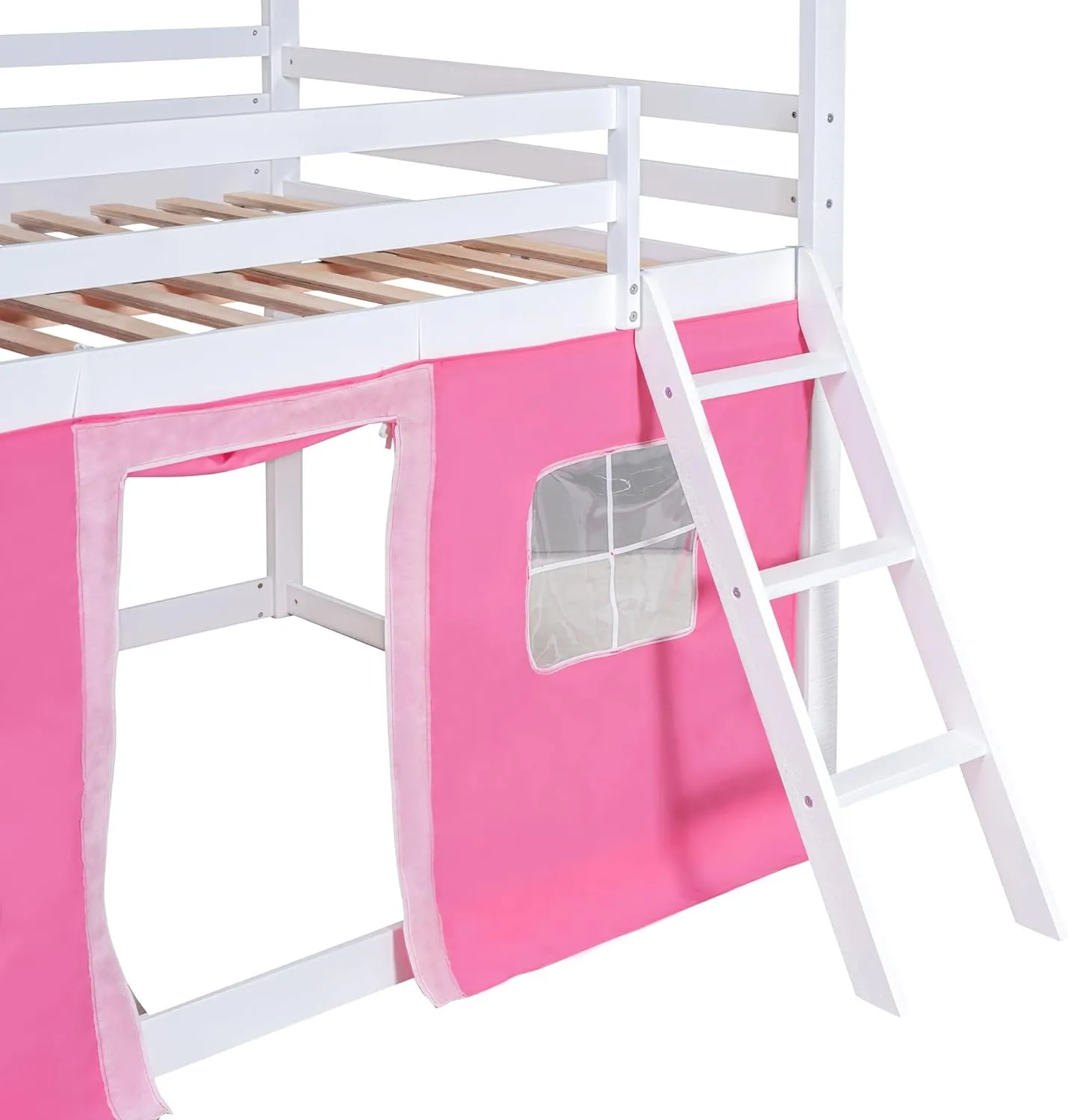 Quarte Twin Size Castle House Bunk Bed with Elegant Windows, Sills and Tent, Unique Wood Bunk Bed Perfect for Boys Girls (Pink White/b, Twin)