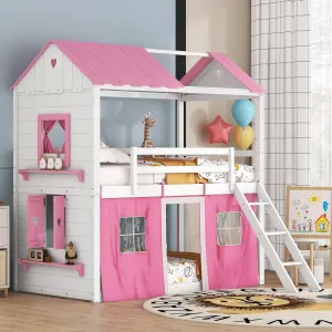 Quarte Twin Size Castle House Bunk Bed with Elegant Windows, Sills and Tent, Unique Wood Bunk Bed Perfect for Boys Girls (Pink White/b, Twin)