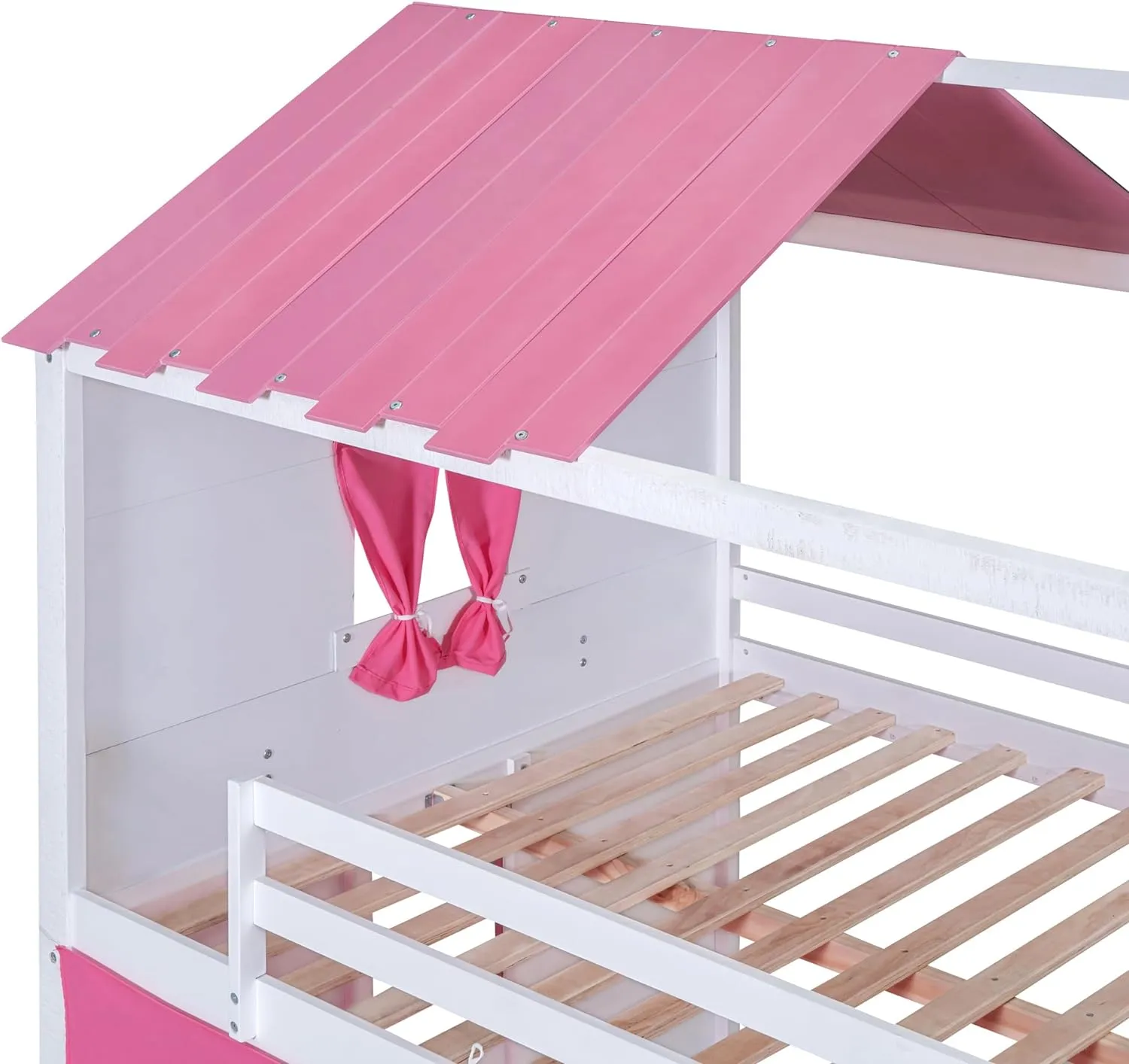 Quarte Twin Size Castle House Bunk Bed with Elegant Windows, Sills and Tent, Unique Wood Bunk Bed Perfect for Boys Girls (Pink White/b, Twin)