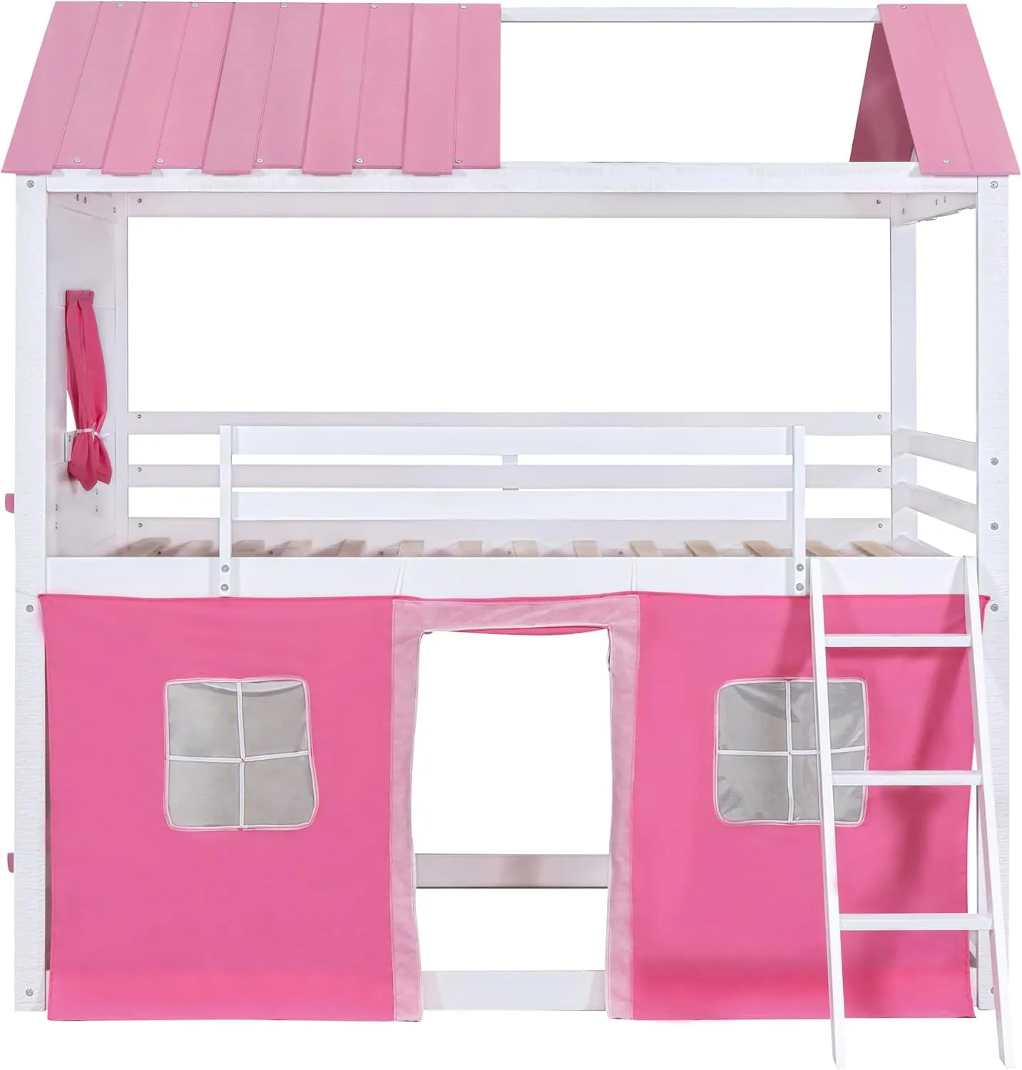 Quarte Twin Size Castle House Bunk Bed with Elegant Windows, Sills and Tent, Unique Wood Bunk Bed Perfect for Boys Girls (Pink White/b, Twin)