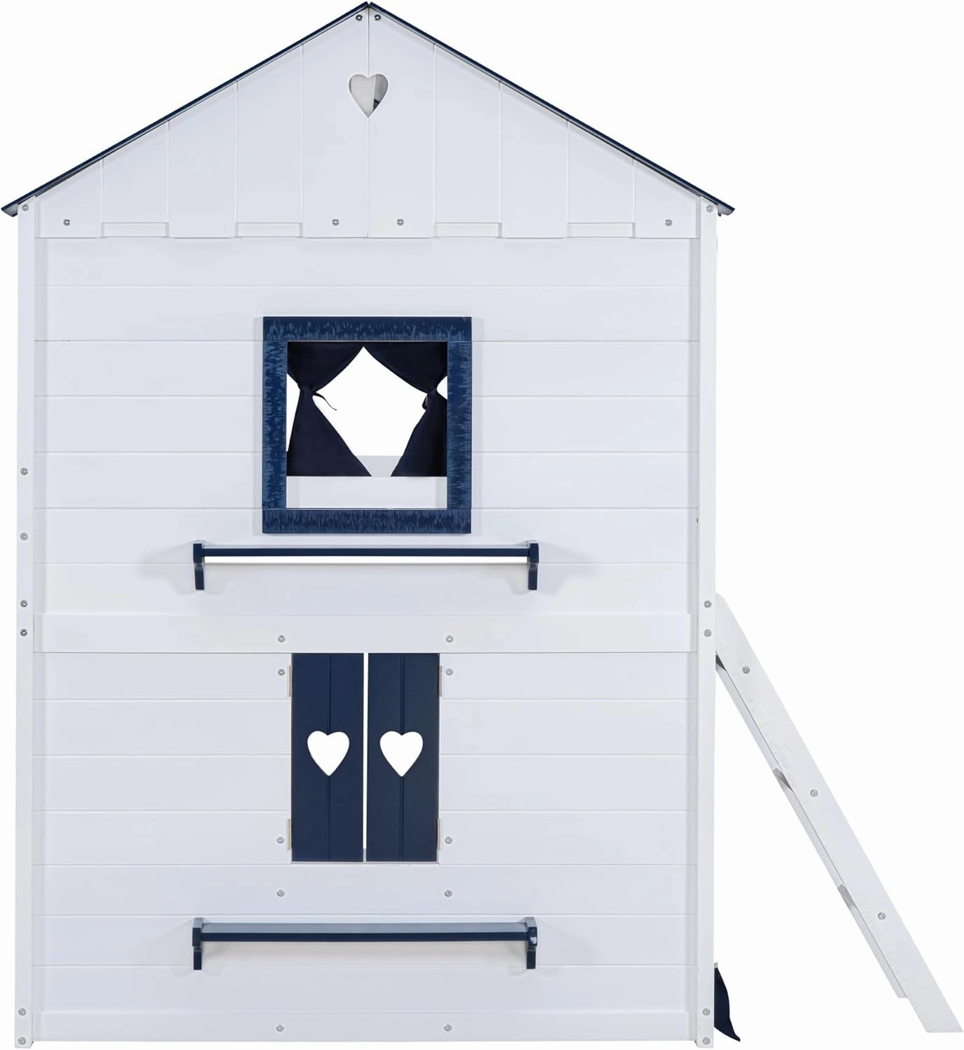 Quarte Twin Size Castle House Bunk Bed with Elegant Windows, Sills and Tent, Unique Wood Bunk Bed Perfect for Boys Girls (Blue White/b, Twin)