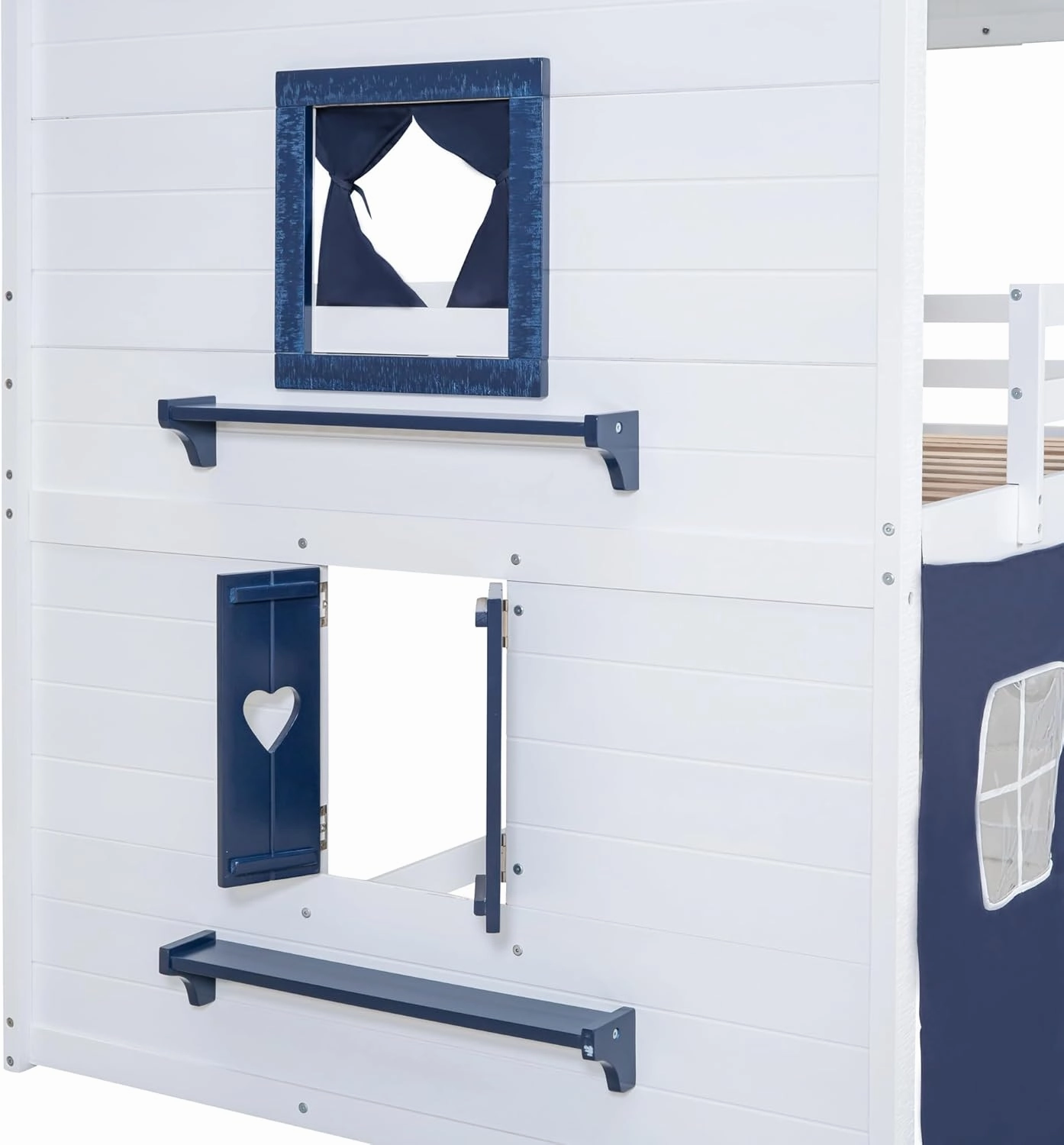 Quarte Twin Size Castle House Bunk Bed with Elegant Windows, Sills and Tent, Unique Wood Bunk Bed Perfect for Boys Girls (Blue White/b, Twin)