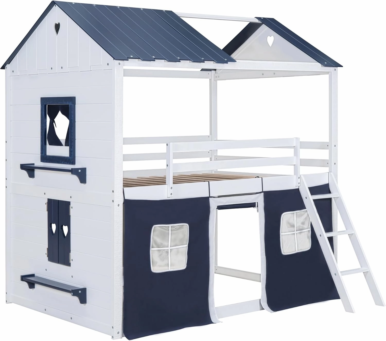 Quarte Twin Size Castle House Bunk Bed with Elegant Windows, Sills and Tent, Unique Wood Bunk Bed Perfect for Boys Girls (Blue White/b, Twin)