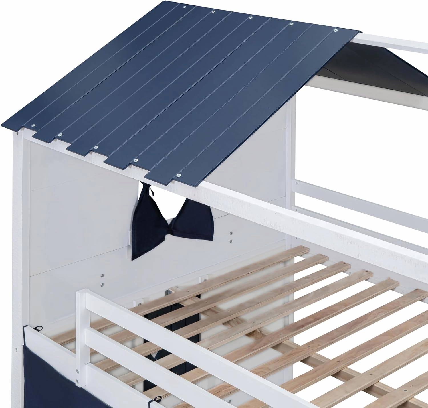 Quarte Twin Size Castle House Bunk Bed with Elegant Windows, Sills and Tent, Unique Wood Bunk Bed Perfect for Boys Girls (Blue White/b, Twin)