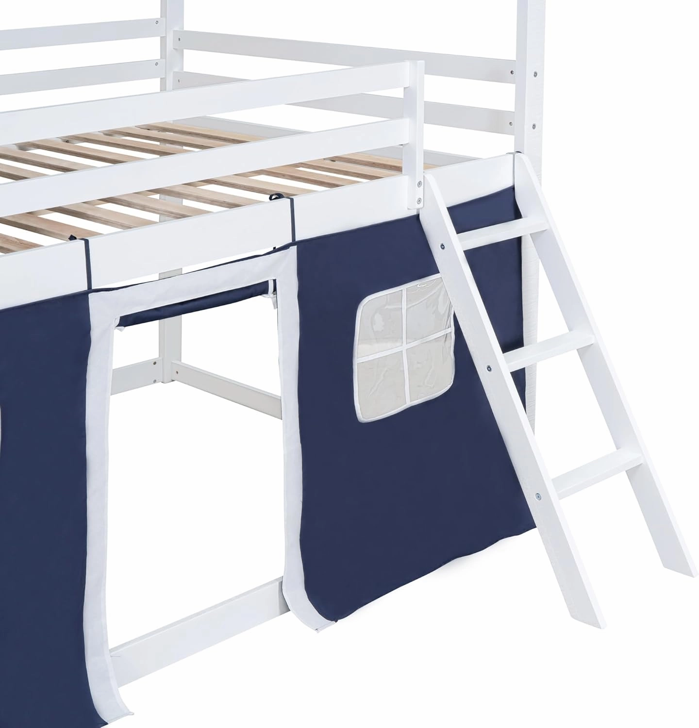 Quarte Twin Size Castle House Bunk Bed with Elegant Windows, Sills and Tent, Unique Wood Bunk Bed Perfect for Boys Girls (Blue White/b, Twin)