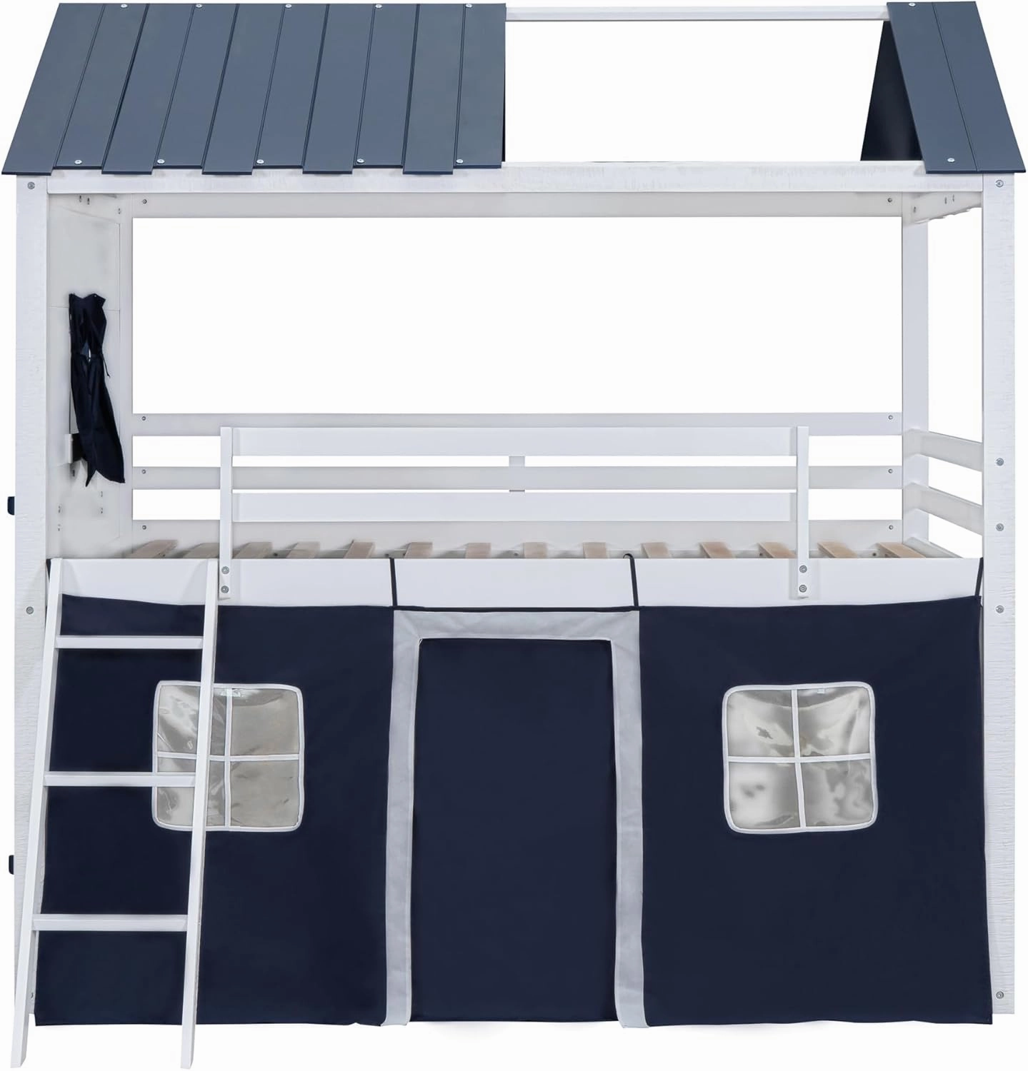 Quarte Twin Size Castle House Bunk Bed with Elegant Windows, Sills and Tent, Unique Wood Bunk Bed Perfect for Boys Girls (Blue White/b, Twin)