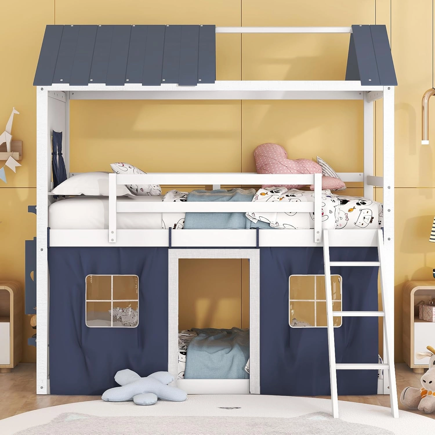 Quarte Twin Size Castle House Bunk Bed with Elegant Windows, Sills and Tent, Unique Wood Bunk Bed Perfect for Boys Girls (Blue White/b, Twin)