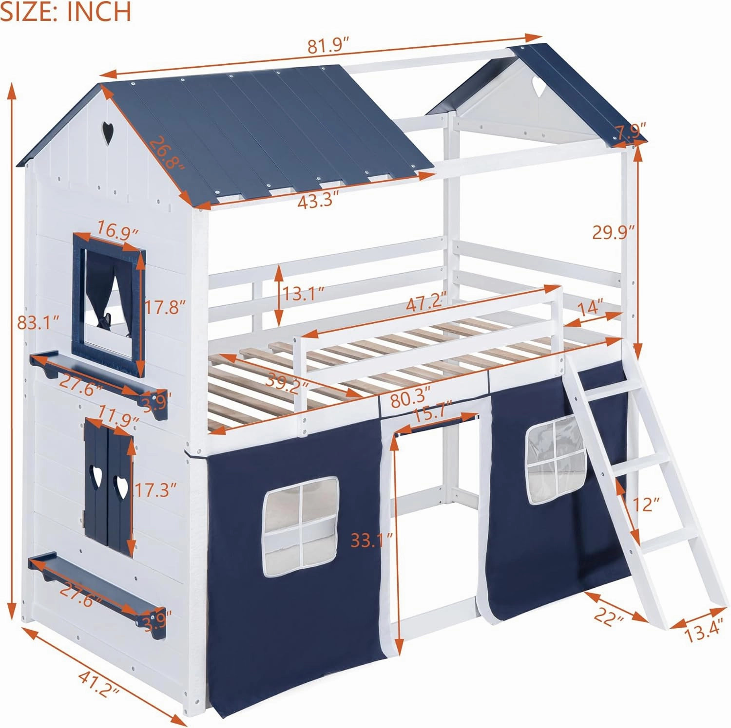 Quarte Twin Size Castle House Bunk Bed with Elegant Windows, Sills and Tent, Unique Wood Bunk Bed Perfect for Boys Girls (Blue White/b, Twin)